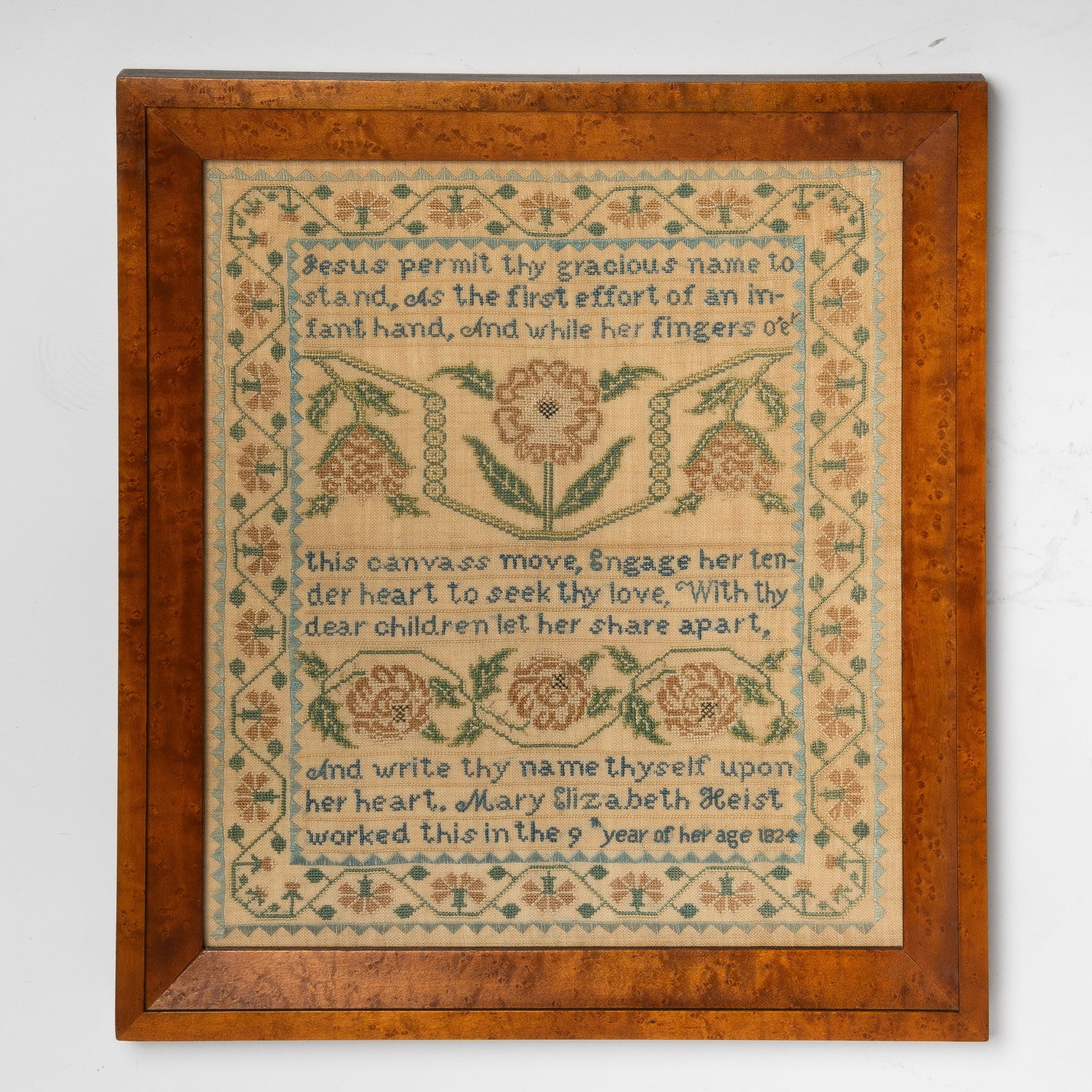 Needlework Sampler "Mary Elizabeth Heist": Pennsylvania, 1824 Worked in silk threads on a coarse linen ground, with pious verse, maker's name, age, and date across three registers, and two floral registers, all surrounded by a floral and