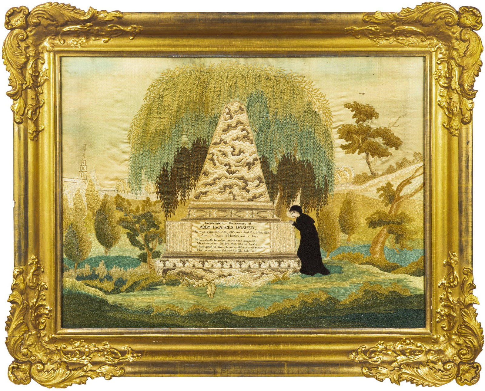 Silk-Embroidered and Painted Mourning Picture: Probably Mrs. Balch's School, Providence, Rhode Island, dated 1819 Worked in silk threads on a silk ground, with central marbleized obelisk lettered "Consecrated to the memory of Abby Frances Mosher"