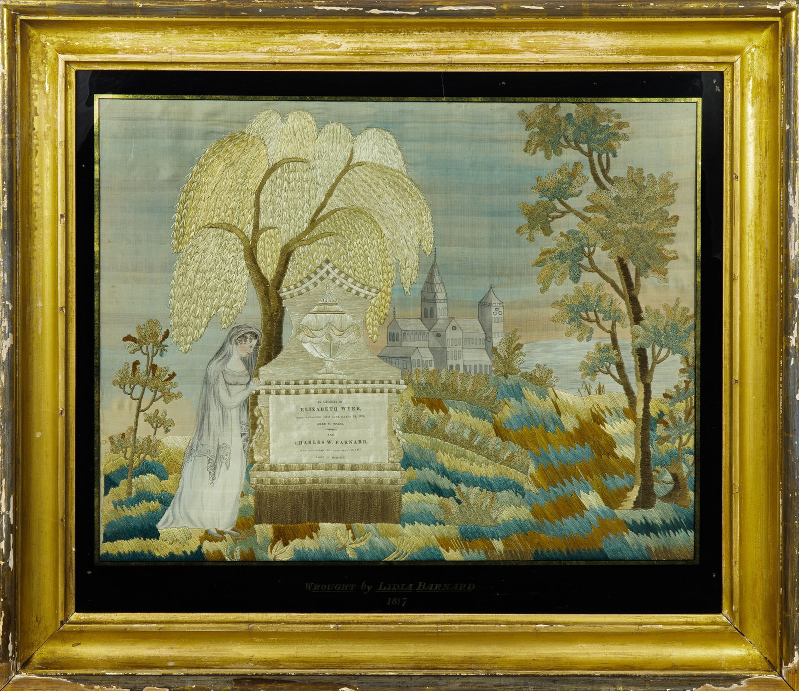 Silk-Embroidered and Painted Mourning Picture: Wrought by Lidia Barnard, probably New England, dated 1817 Worked in silk threads on a silk ground, with central urn-topped memorial lettered In Memory of Elizabeth Wyer and Charles Barnard, with