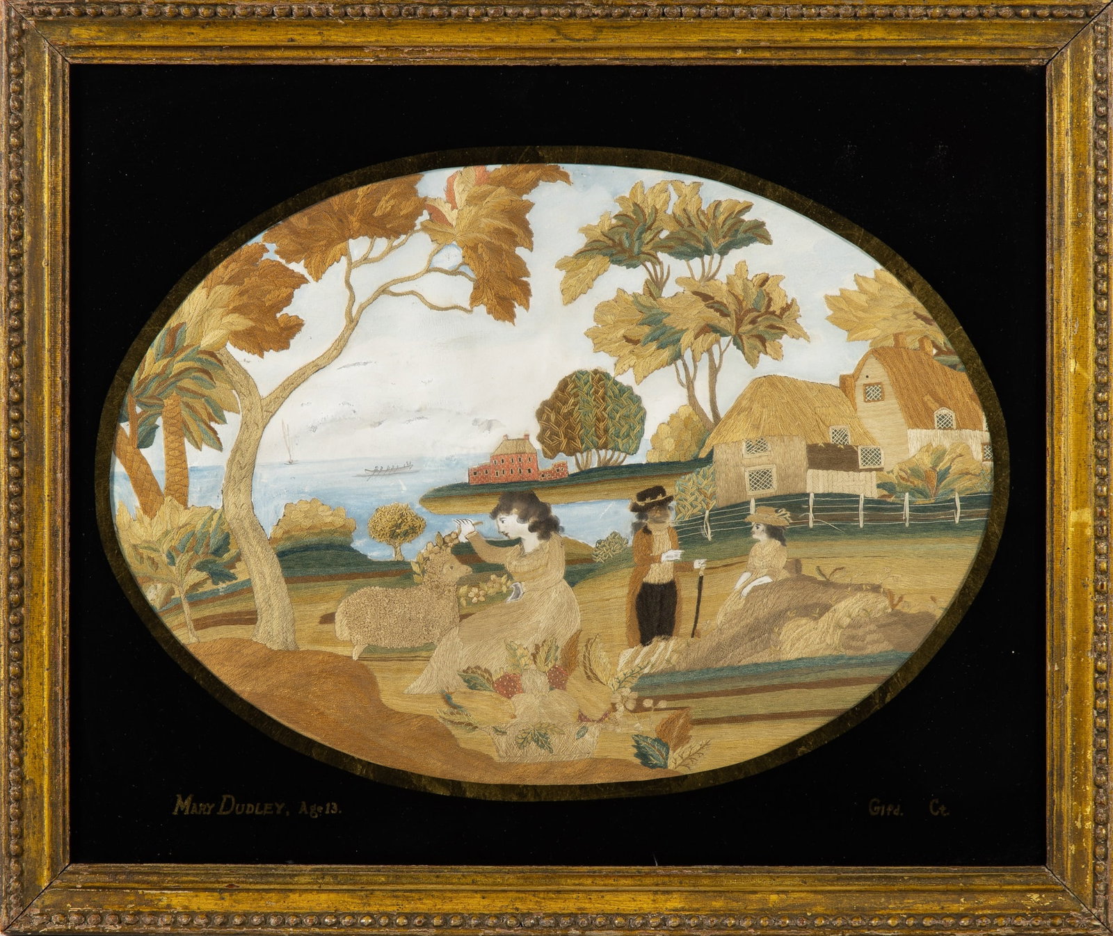 Silk-Embroidered, Painted, and Eglomise Picture of a Shepherdess: Mary Dudley, probably Gilford, Connecticut, early 19th century Worked in silk threads on paper with painted details, the image of three figures and a sheep within an oval seaside landscape, the