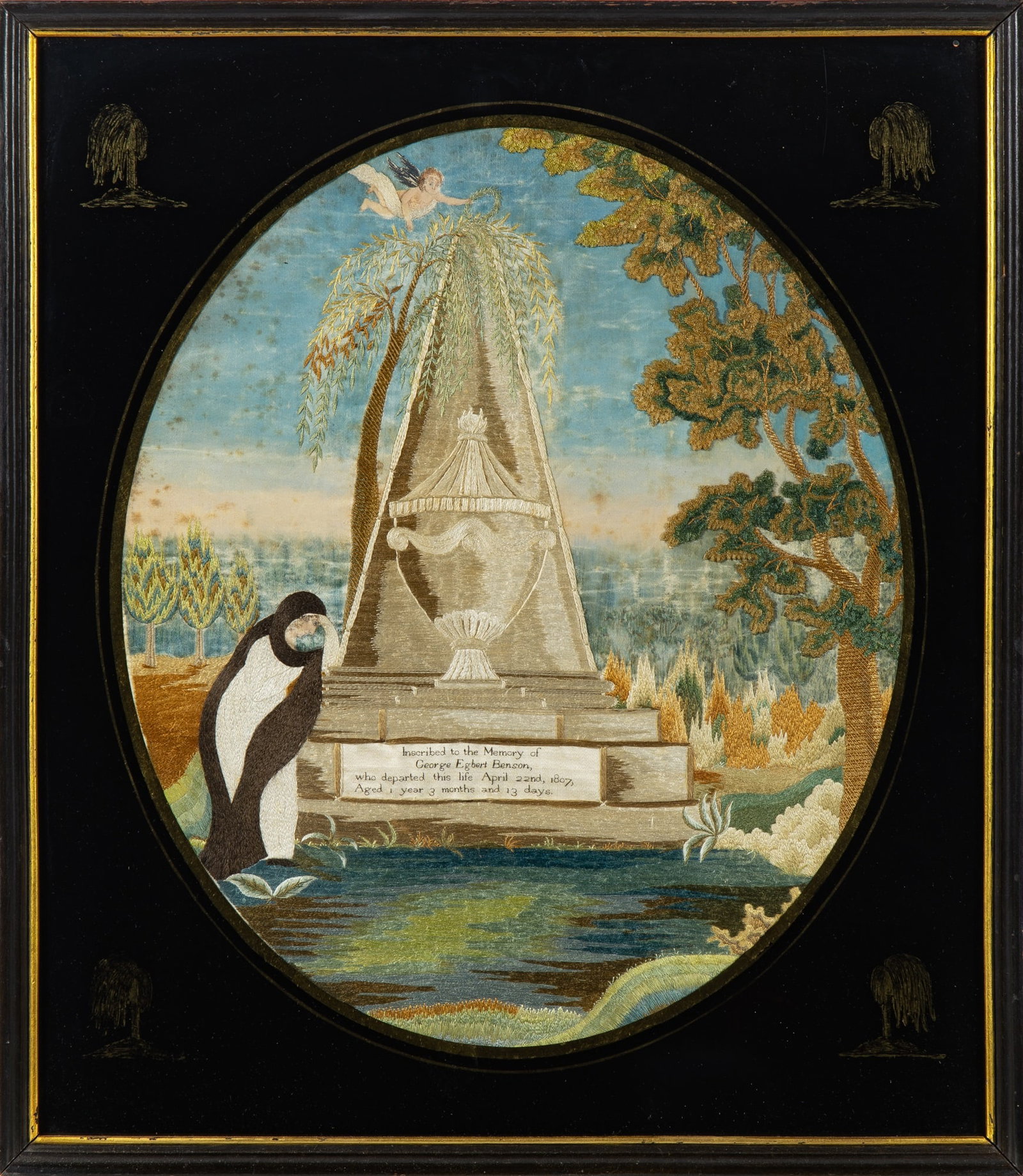 Silk-Embroidered and Painted Mourning Picture: Probably Connecticut, dated 1807 Worked in silk threads on a silk ground in a variety of stitches, and watercolor details the central monument inscribed "To the Memory of George Egbert Benson." Sight