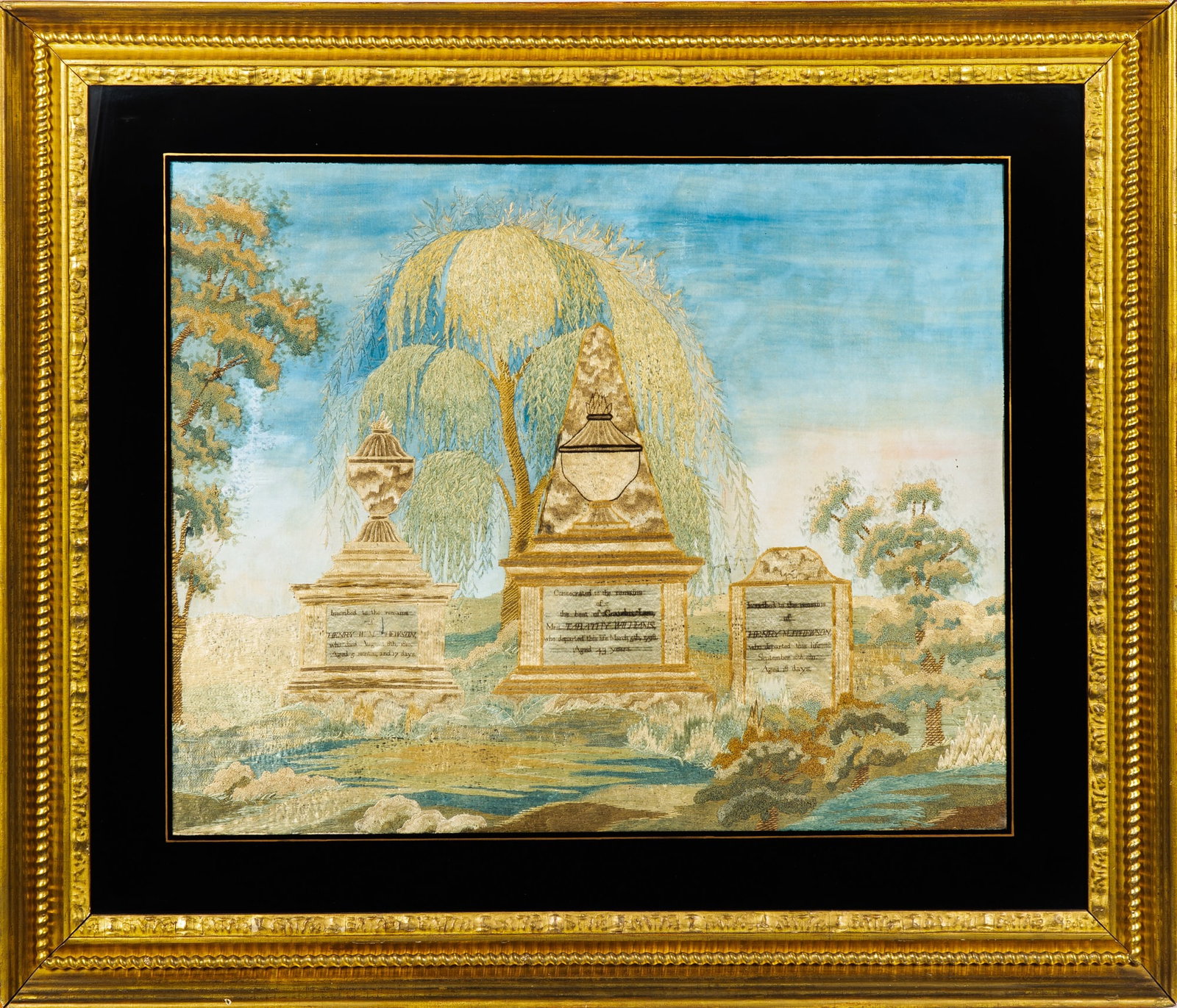 Silk-Embroidered and Painted Mourning Picture: New England, early 19th century Worked in silk threads on a silk ground with three urn-topped monuments lettered for the memory of Henry H.M. Matthewson, Tabathy Williams, and Henry Matthewson,