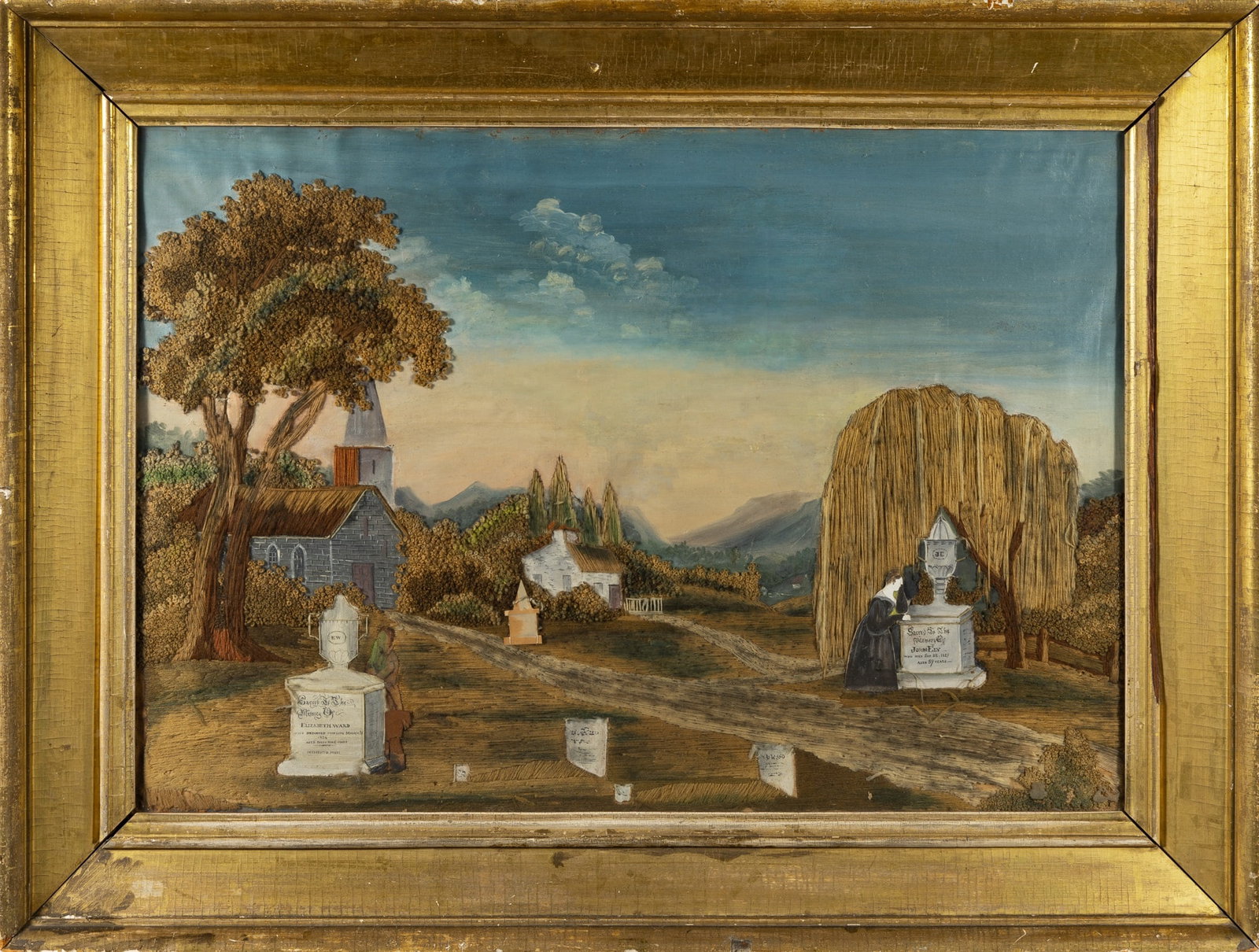 Silk-Embroidered and Painted Mourning Picture: Probably New England, dated 1826 Worked in wool threads in a variety of stitches, with paper appliques for the figures, and painted details including a church and cottage, with two painted memorial