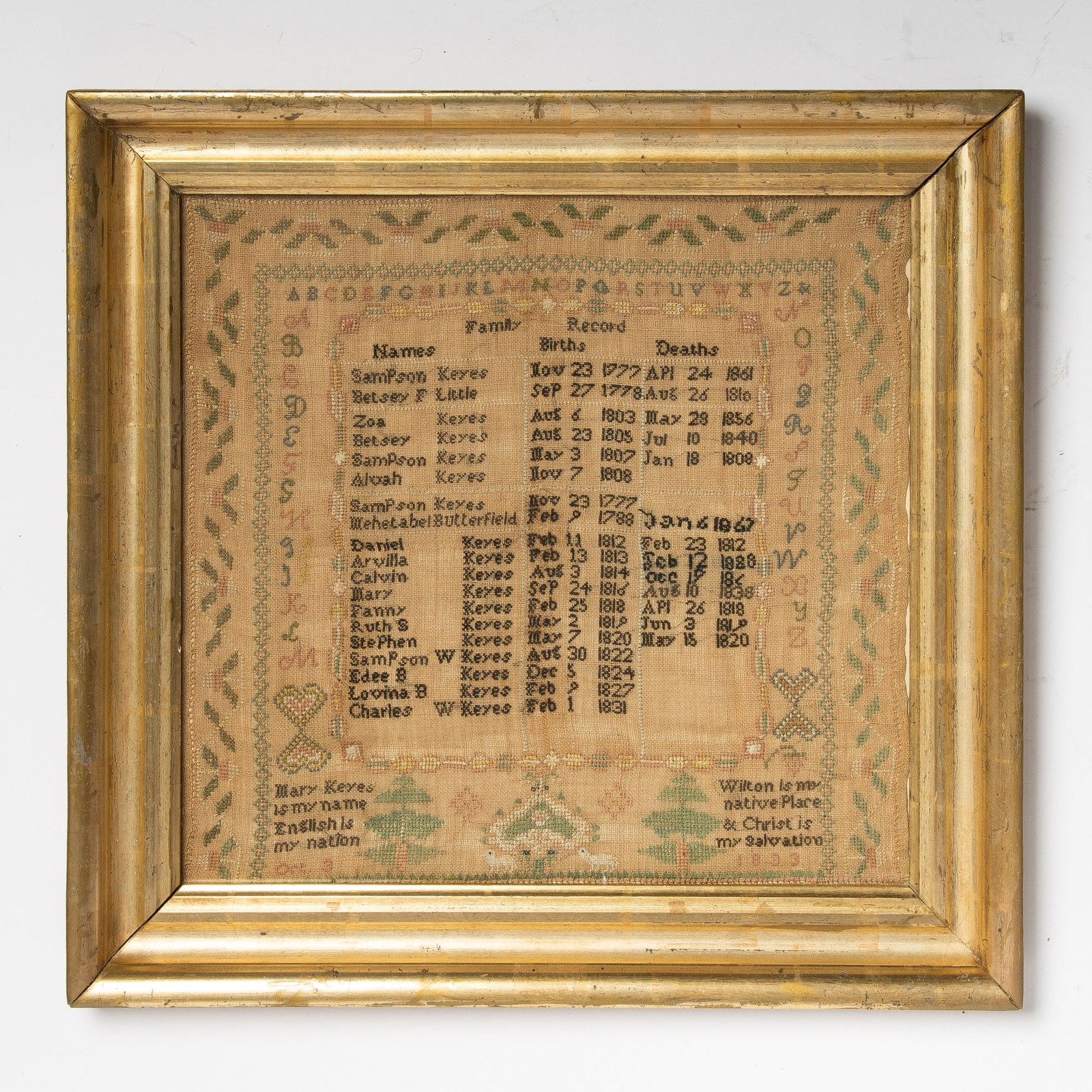 Needlework Sampler "Mary Keyes Family Record": Wilton, Connecticut, circa 1833 Worked in silk threads on a coarse linen ground, with floral vine, geometric, and alphabetic borders surrounding the names and vital statistics of members of the Keyes 