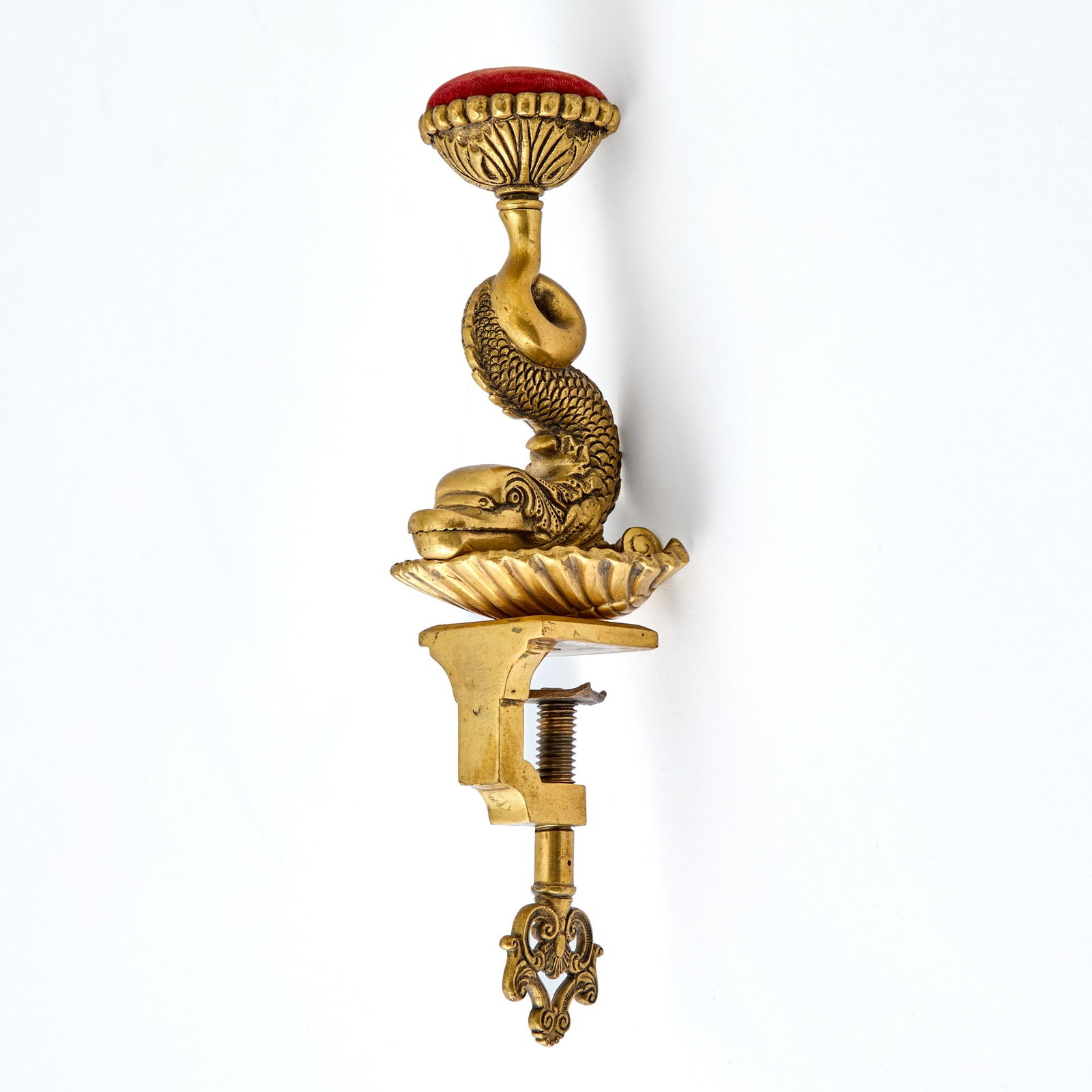 German Gilt Cast Brass Dolphin Sewing Clamp with Pin Cushion (1 of 2)