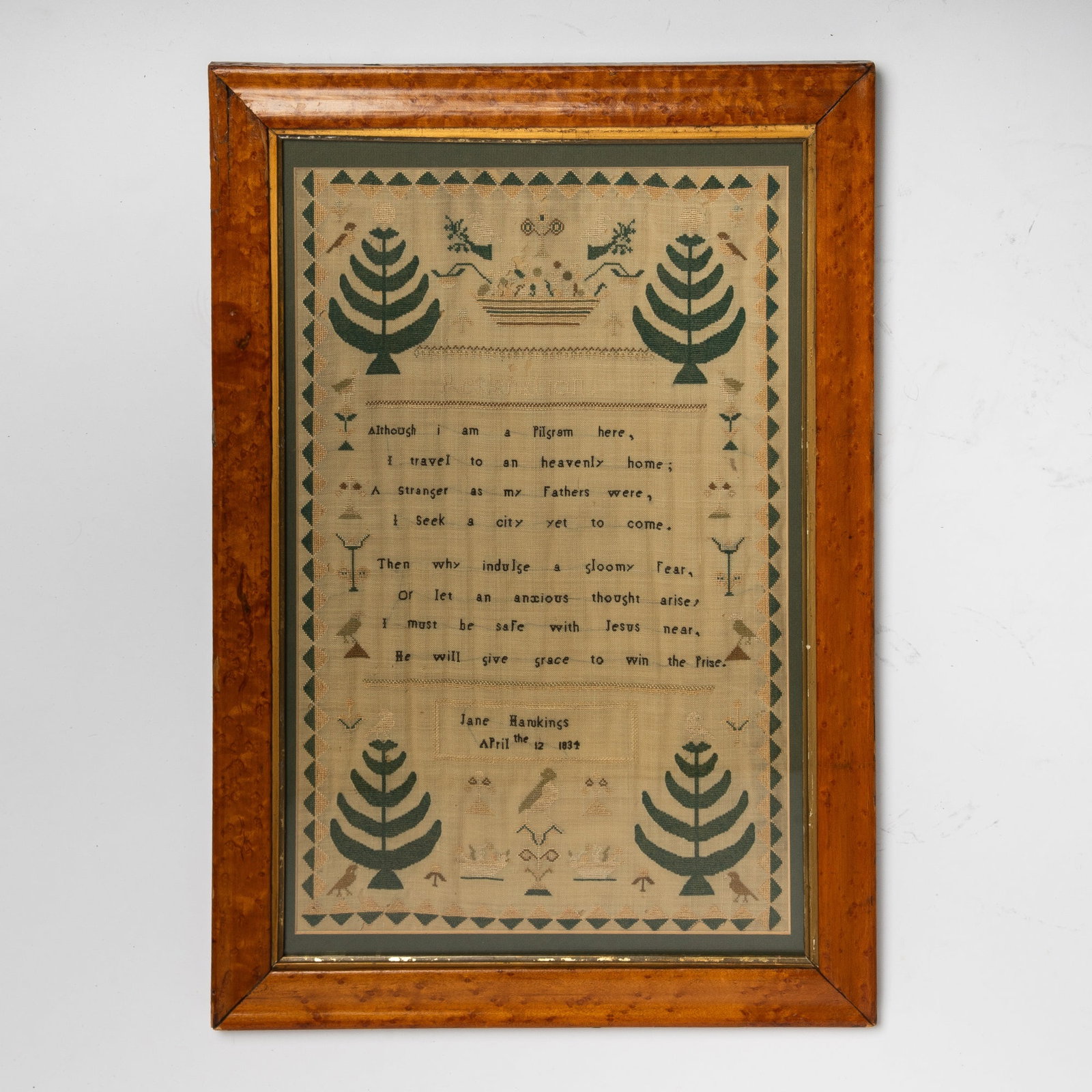 Needlework Sampler "ResignationJane Hankings": England, 1834 Worked in silk threads on a fine linen ground, with sawtooth border and stylized trees at the corners, a central poem, and maker's name and date below. Sight 18 x 11 1/2 inches.