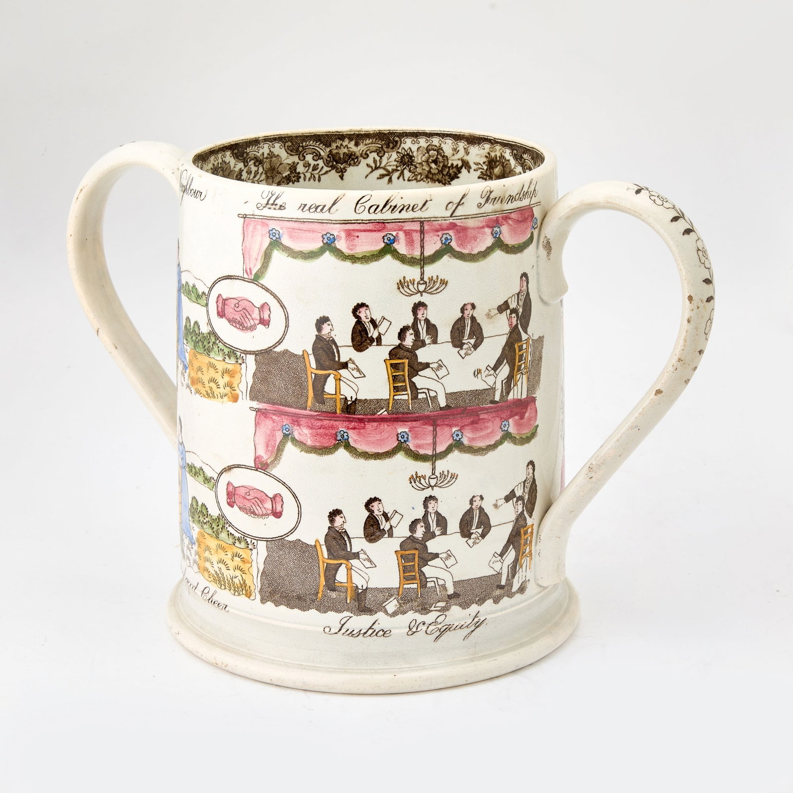 Staffordshire Pearlware Transfer-decorated Two-handled Loving Cup: England, circa 1815 Decorated with scenes and maxims celebrating camaraderie, neighborliness, and friendship. Height 8 inches