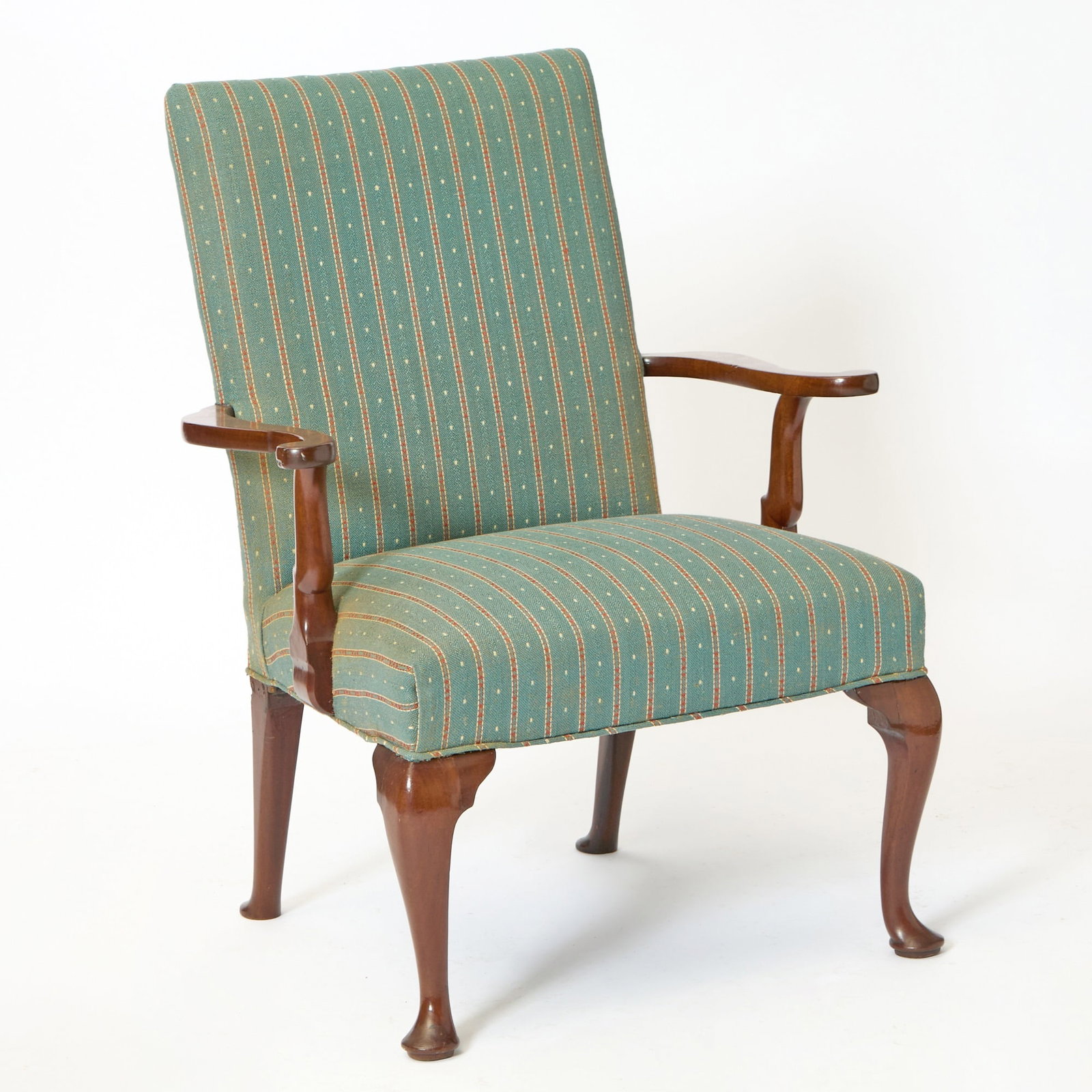 Queen Anne Style Walnut Upholstered Open Armchair: 19th Century With squared back, scrolled arms on shaped supports, all raised on cabriole legs. Height 39 1/2 inches, seat height 17 1/4 inches.