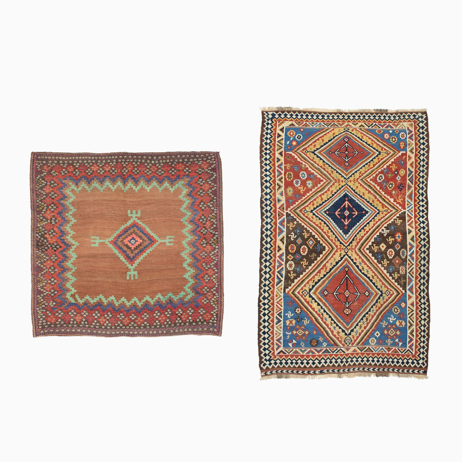 Qashqai Kilim: Southwest Persia, Late 19th Century Three diamond stepped medallions are within a reciprocal trefoil border. Together with a South Persian brocaded kilim. (8' 3" x 5' 8" and 4' 9" x 4' 4"