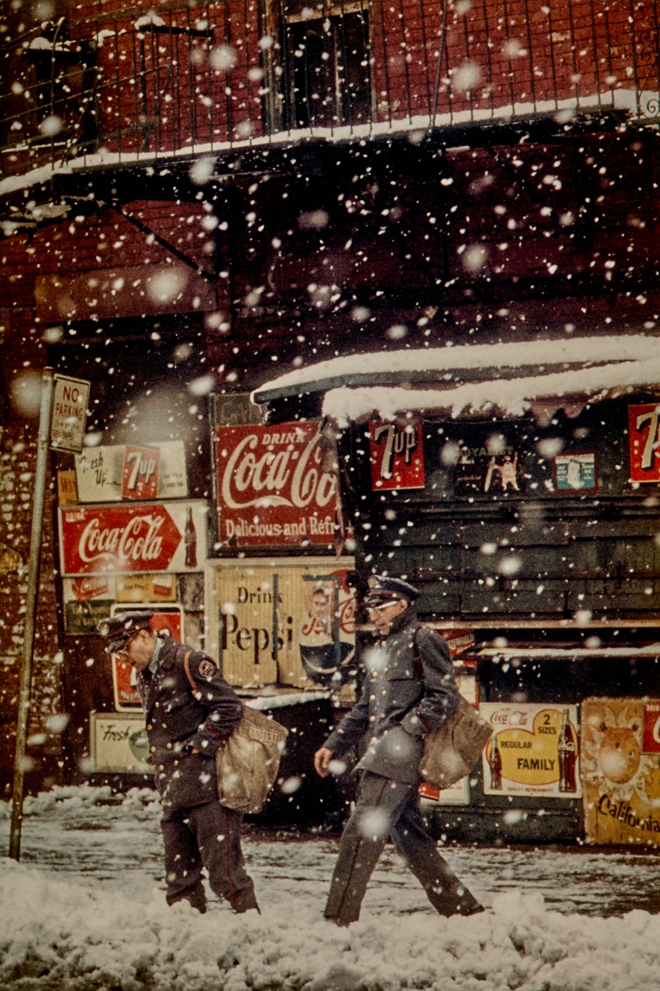 Saul Leiter, Postmen, 1952: LEITER, SAUL (1923-2013) Postmen, 1952, printed later. Chromogenic print, 19 1/2 x 13 1/4 inches (495 x 336 mm) on 20 x 16 inches sheet, numbered 4 from an edition of ten, signed and numbered in ink o