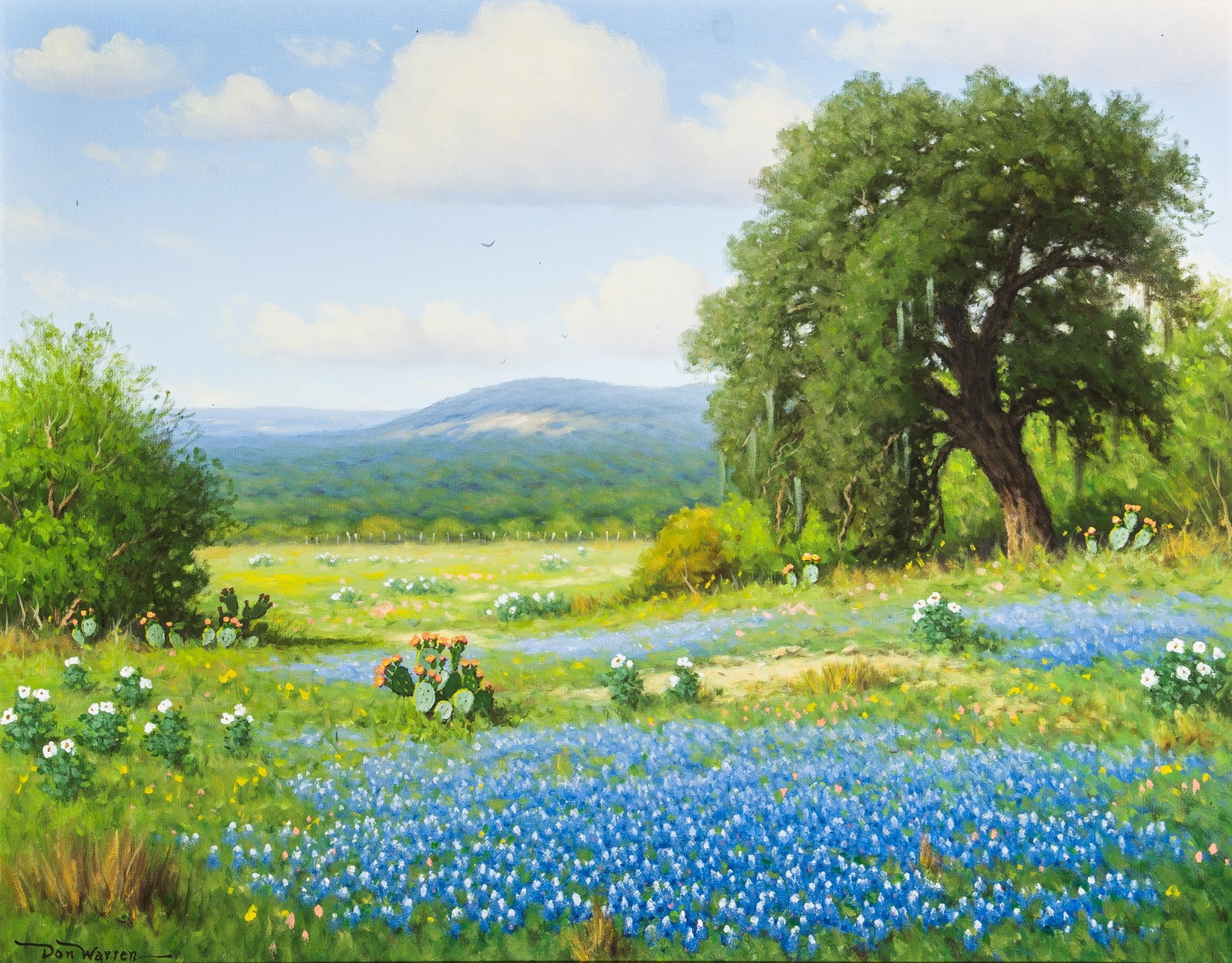 Don Warren: American, 1935-2006 Field with Bluebells and Cacti Signed Don Warren (ll) Oil on canvas 24 x 30 inches (61 x 76.2 cm) (Framed 33 x 39 1/2 inches)