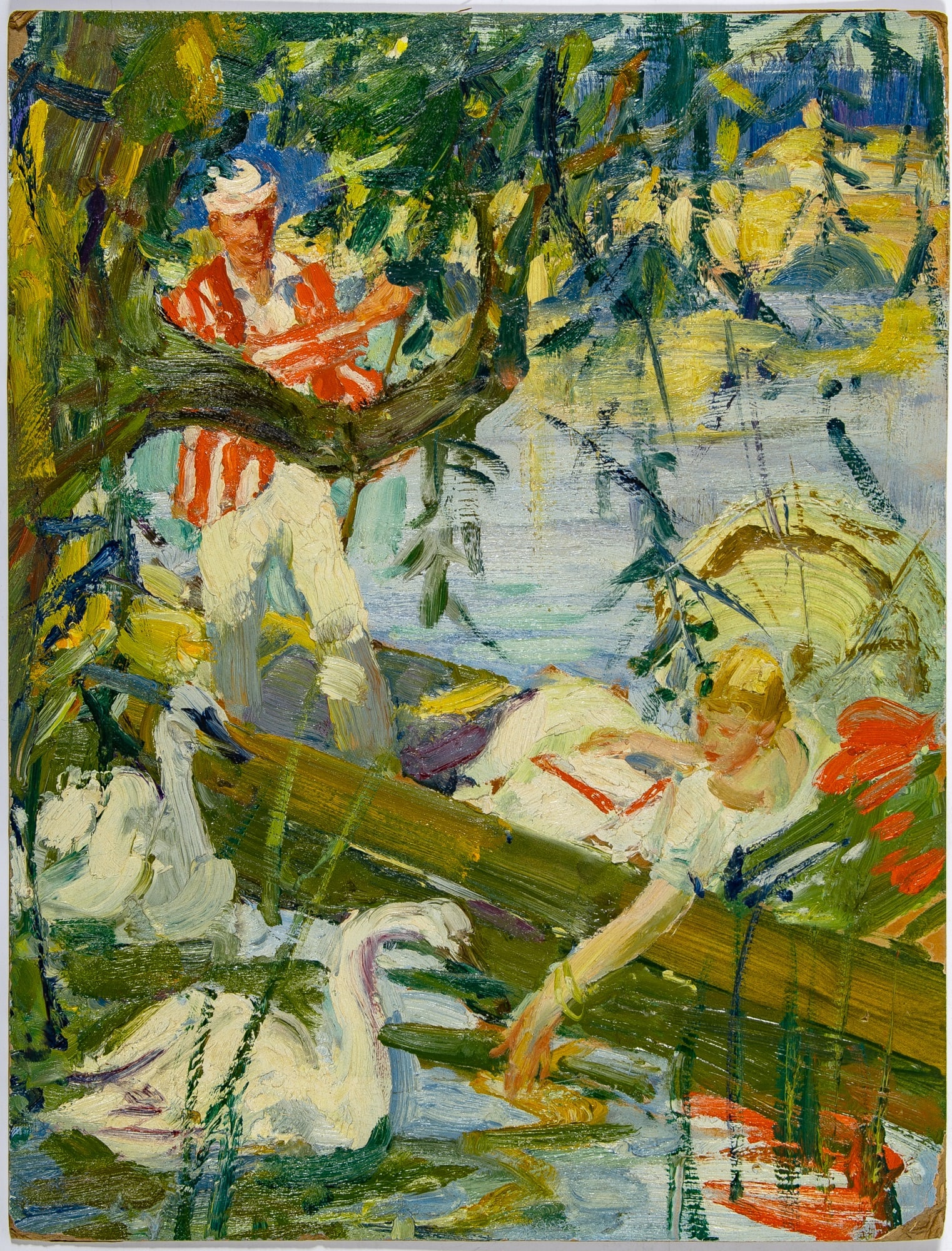20th Century School: A Boating Scene with Swans Signed illegibly, possibly ROWLAND (ur) Oil on illustration board 14 1/2 x 11 inches (36.8 x 27.9 cm) Unframed Provenance: Private collection, New Orleans, LA