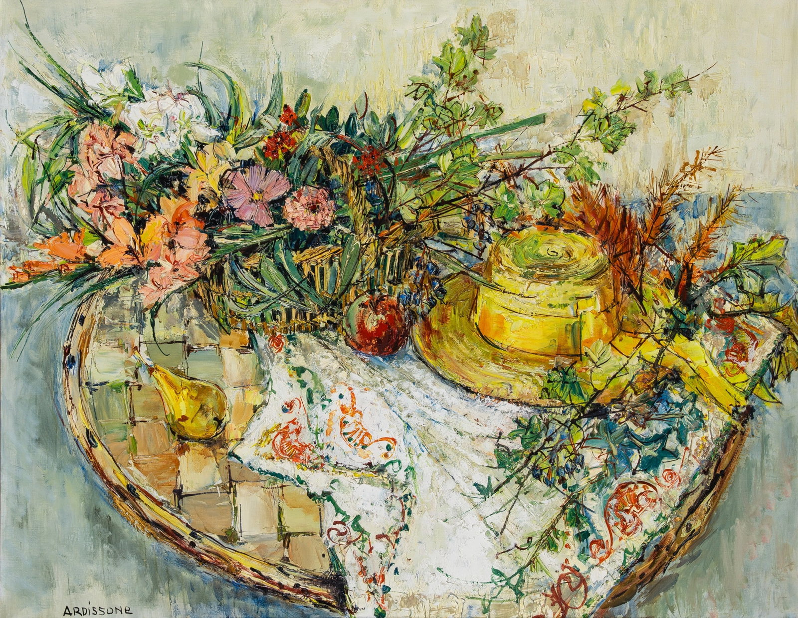 Yolande Ardissone: French, 1927-2024 Still Life with Pear and Hat Signed Ardissone (ll); inscribed Nature morte au chapeau on the reverse Oil on canvas 28 3/4 x 35 1/2 inches (73 x 90.2 cm) Frame 37 x 44 1/2 inche