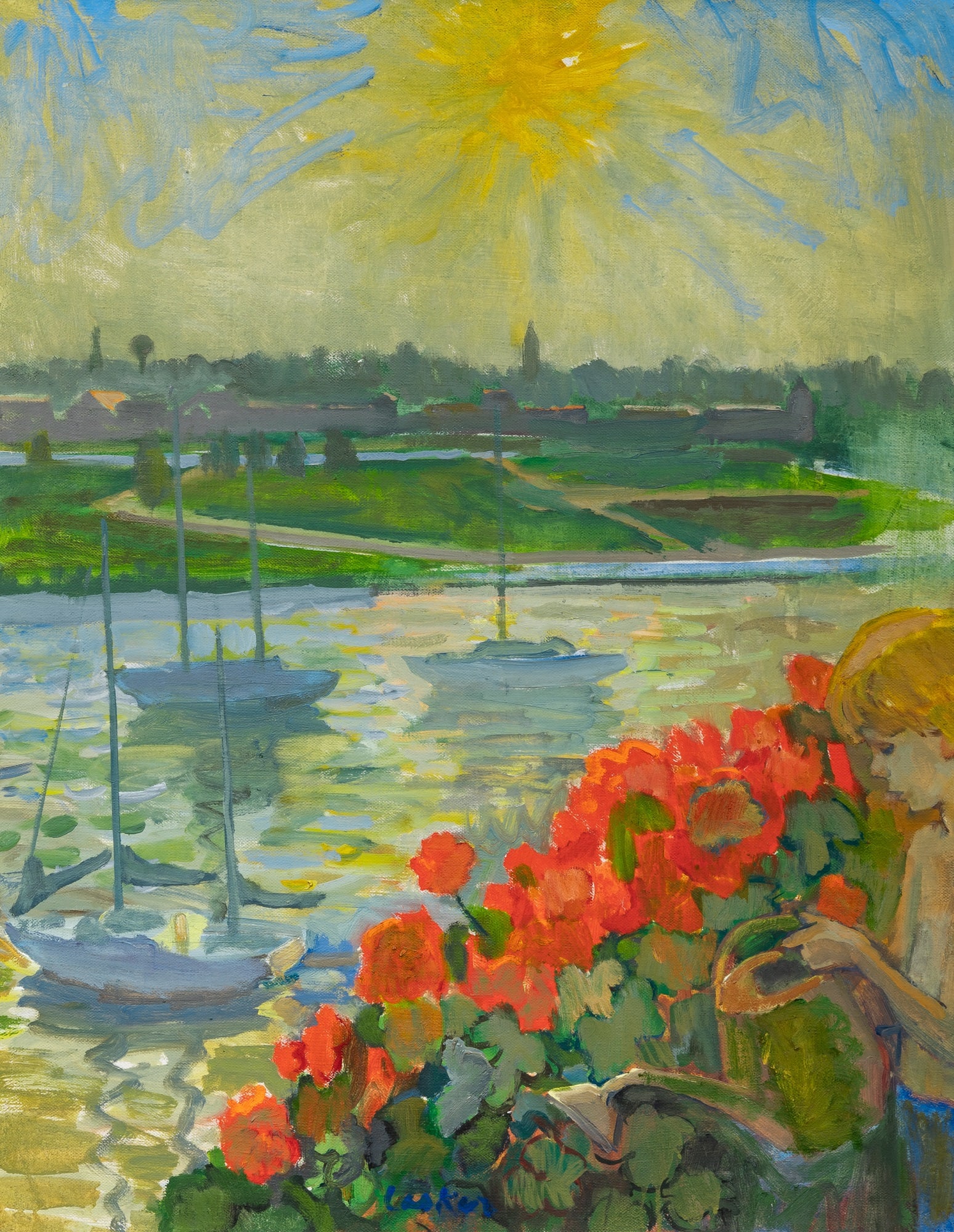 Joe (Joseph Leon) Lasker: American, 1919-2015 Geraniums Signed Lasker (lc) Oil on canvas 28 x 22 inches (71.1 x 55.9 cm) (Framed 31 x 25 inches)