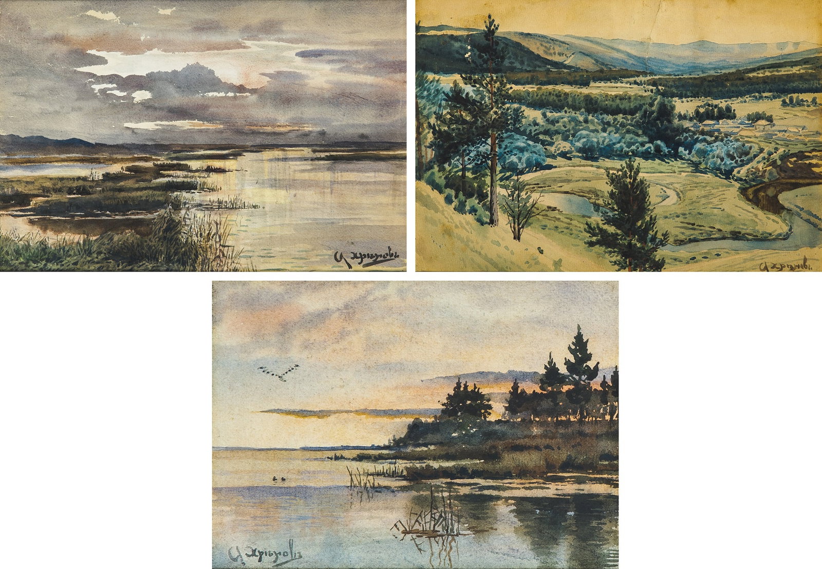 Alexander Sergeevich Khrenov: Russian, 1860-1926 Landscapes: Three Works Each signed in Cyrillic Watercolor on paper Sight largest 13 x 19 inches (33 x 48.3 cm) Sight smallest 5 3/4 x 8 1/8 inches (14.6 x 20.6 cm) (Framed (largest
