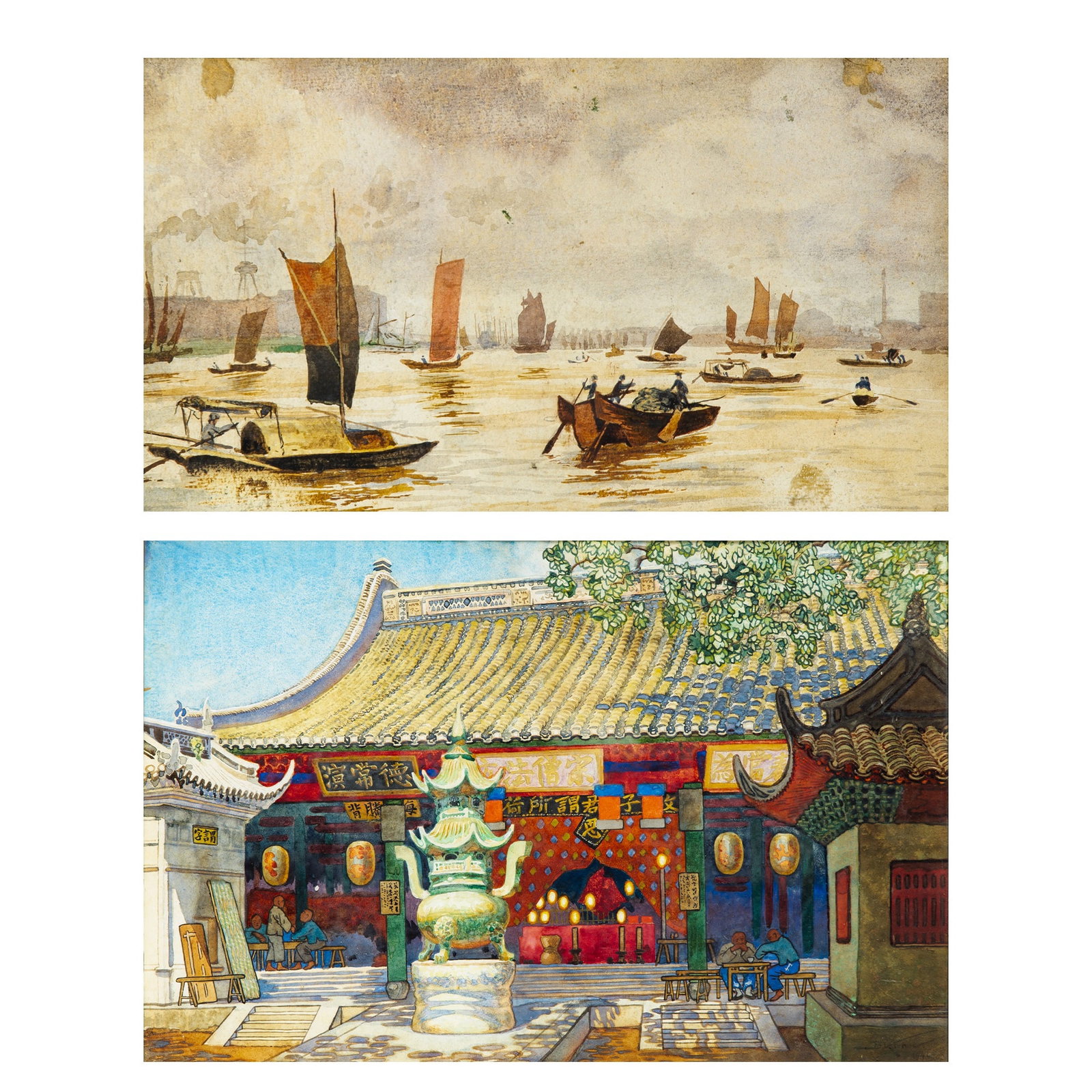 Alexander Sergeevich Khrenov: Russian, 1860-1926 Harbour Scene Watercolor on paper Sight 7 1/4 x 12 3/4 inches (18.4 x 32.4 cm) Together with: Boris Krenov Russian, 20th Century Figures Seated in a Temple Garden, 1944 Signed and