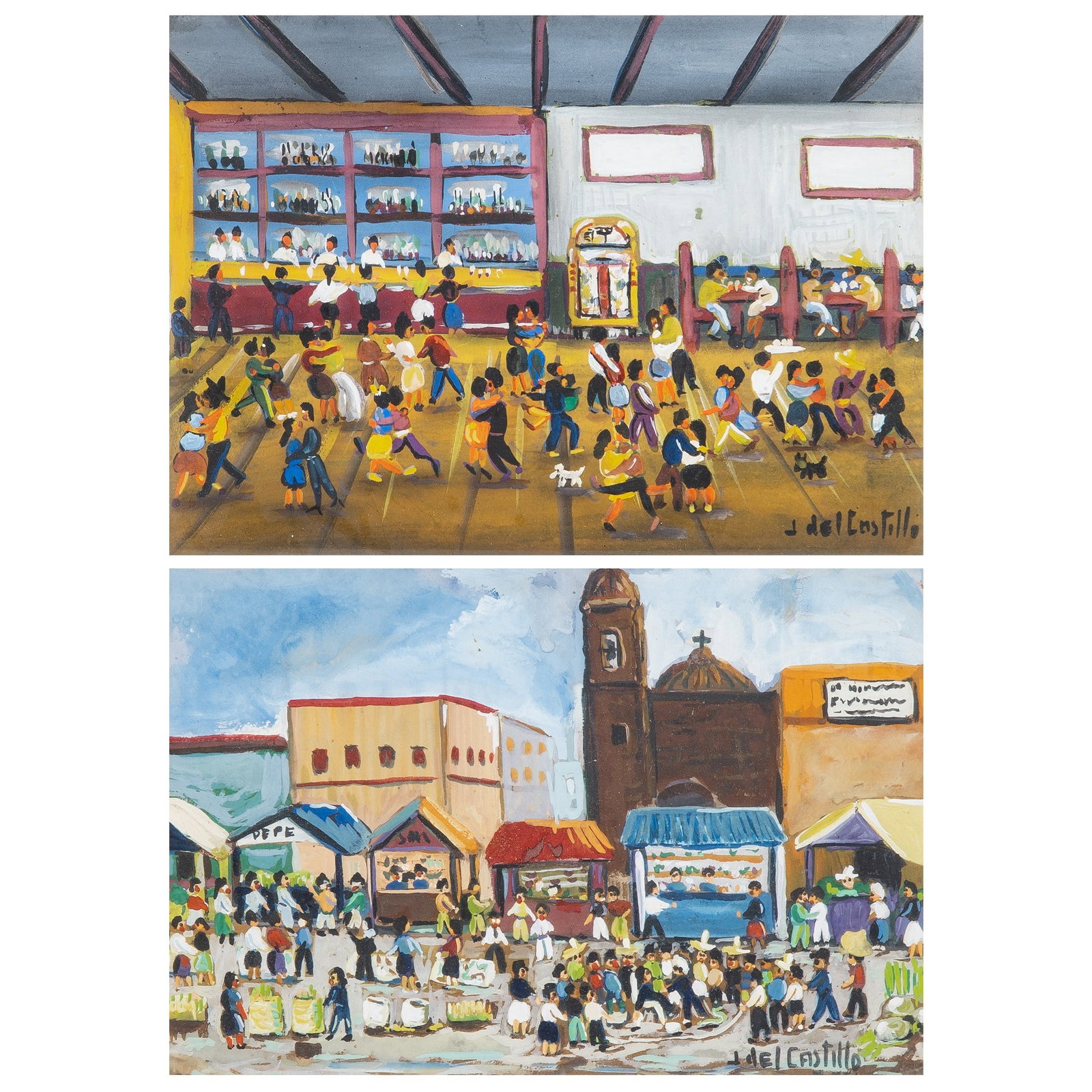 20th Century School: Dance Hall and Street Market: Two Works Each signed J del Castillo (lr) Gouache on paper Sight 6 3/8 x 8 7/8 inches (16.2 x 22.5 cm) (Framed 12 x 13 3/4 inches)
