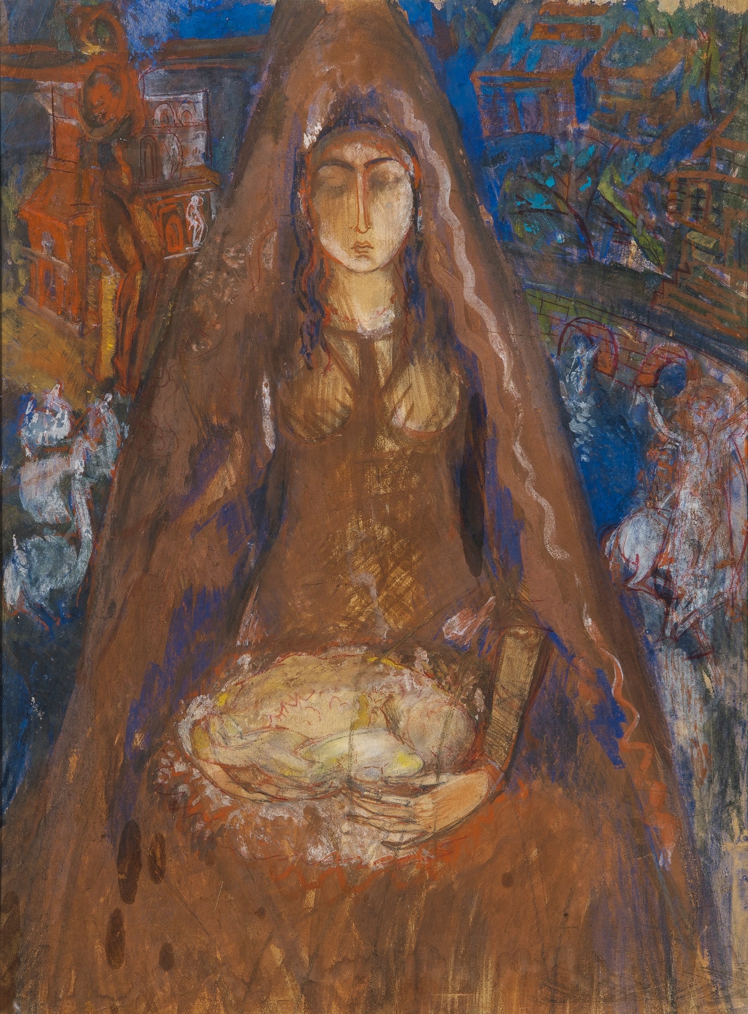 Boris Israelevich Anisfeld: Russian, 1879-1973 Study for Spanish Madonna Gouache, red crayon, and pencil on artist's board 20 x 14 7/8 inches (50.7 x 37.8 cm) Provenance: Estate of Boris Anisfeld Shepherd & Derom Galleries,