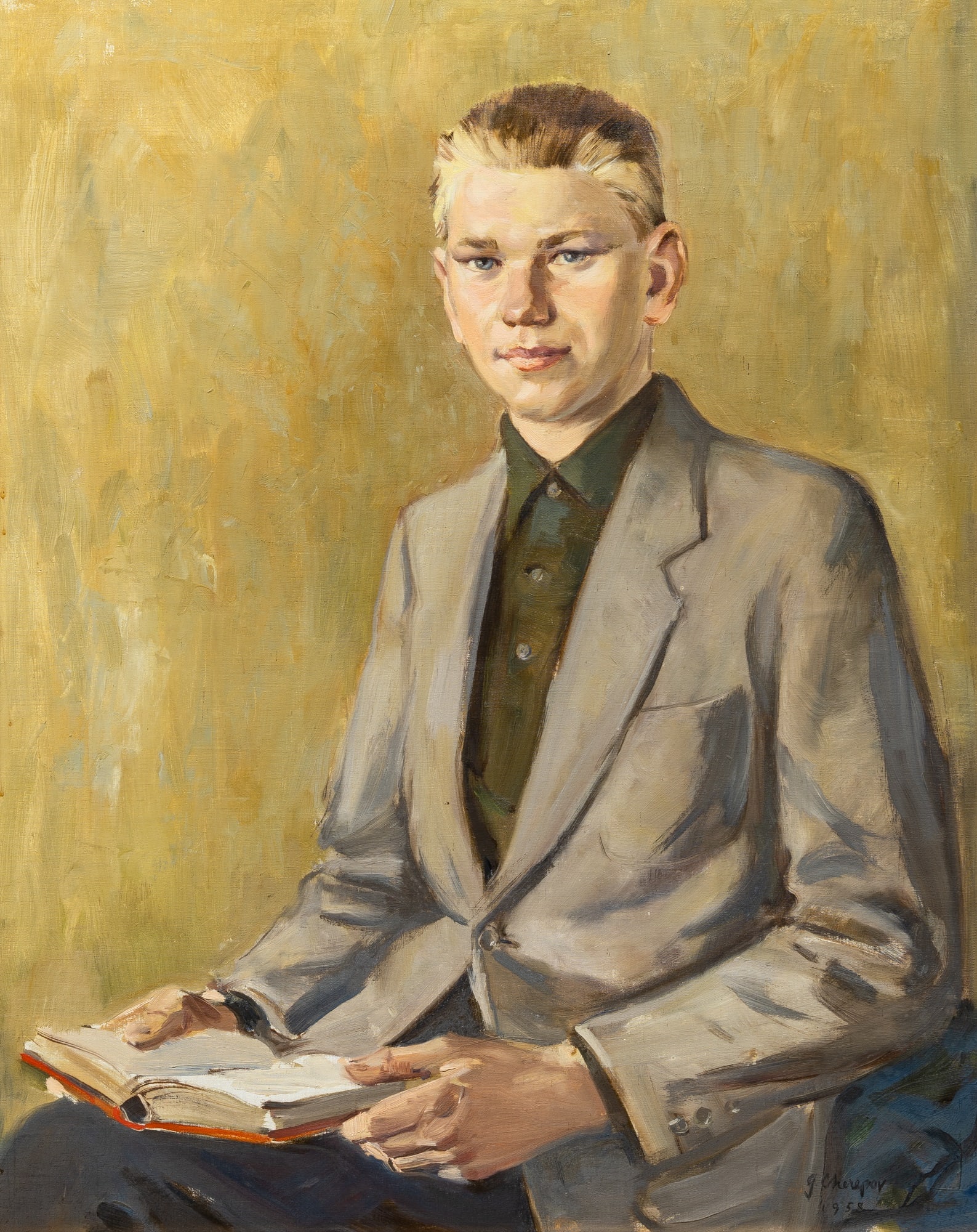 George Cherepov: Russian/American, 1909-1987 Portrait of a Young Man, 1958 Signed G. Cherepov and dated 1958 (lr) Oil on canvas 30 x 24 inches (76.3 x 61 cm) Frame 33 1/2 x 27 1/2 inches