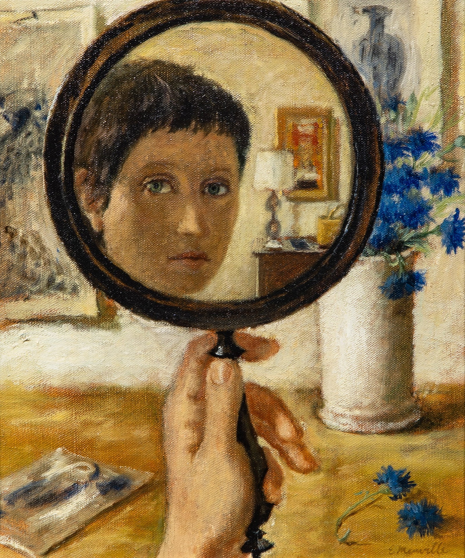 Elsie Manville: American, 1922-2012 The Hand Mirror Signed E. Manville (lr) Oil on canvas 12 x 10 1/4 inches (30.5 x 26 cm) Provenance: Kraushaar Galleries, New York (Framed 17 x 15 inches)