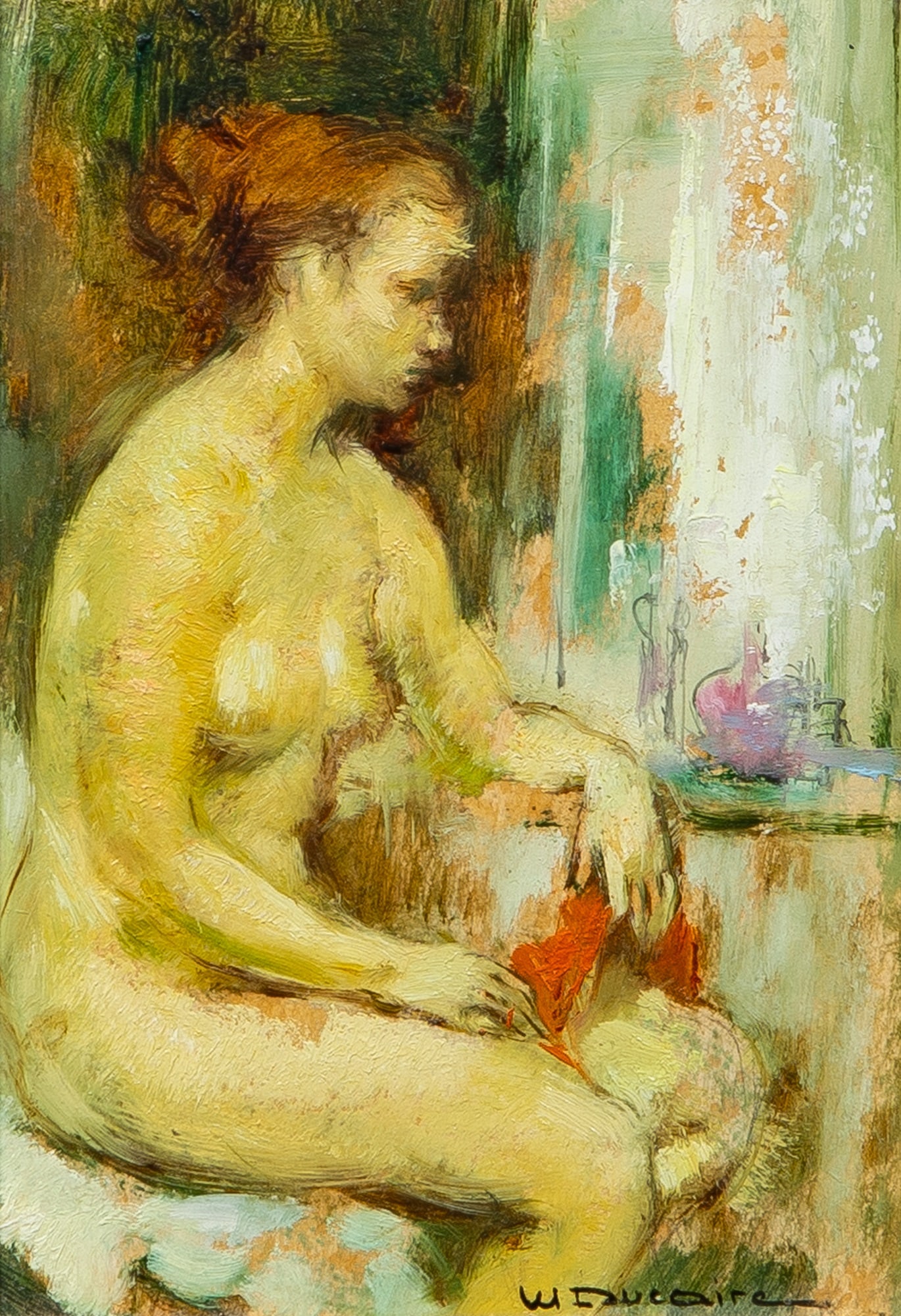 Maryse Ducaire-Rogue: French, 1911-1992 Seated Nude Signed M Ducaire (lr) Oil on board Sight 6 3/8 x 4 1/2 inches (16 x 11.5 cm) Frame 15 1.8 x 13 1/2 inches Provenance: Findlay Galleries, Chicago