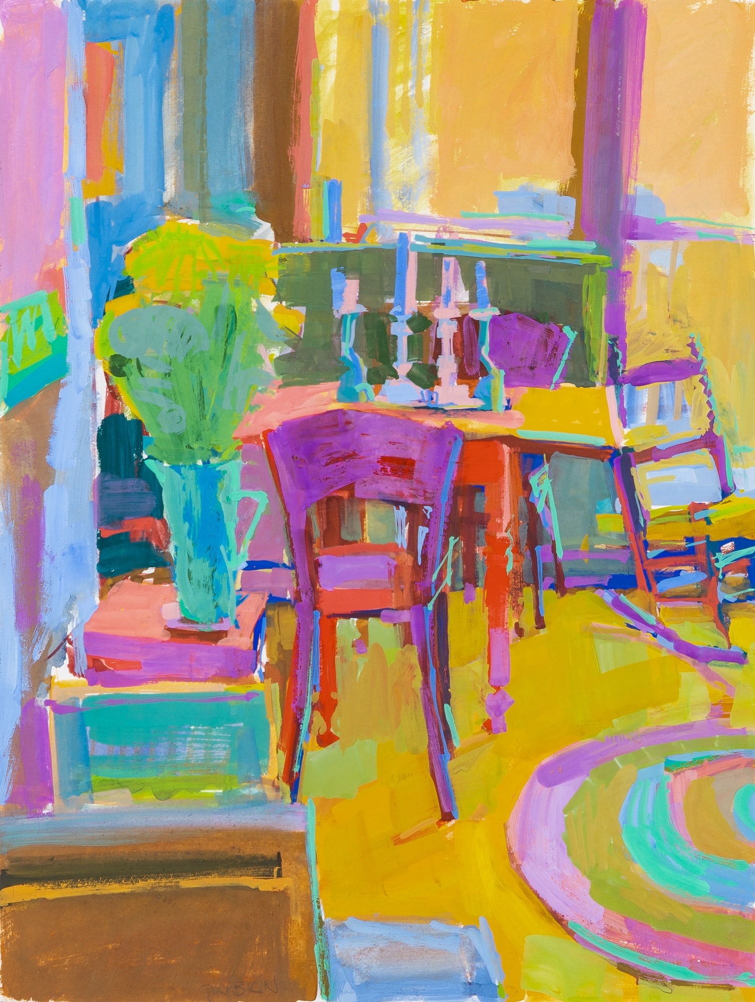 Catherine Drabkin: American, b. 1959 Cherry Table with Flowers Signed DRABKIN (ll) Gouache on paper 16 1/4 x 12 1/4 inches (41.3 x 31.1 cm) Provenance: Kraushaar Galleries, New York (Framed 25 x 21 inches)