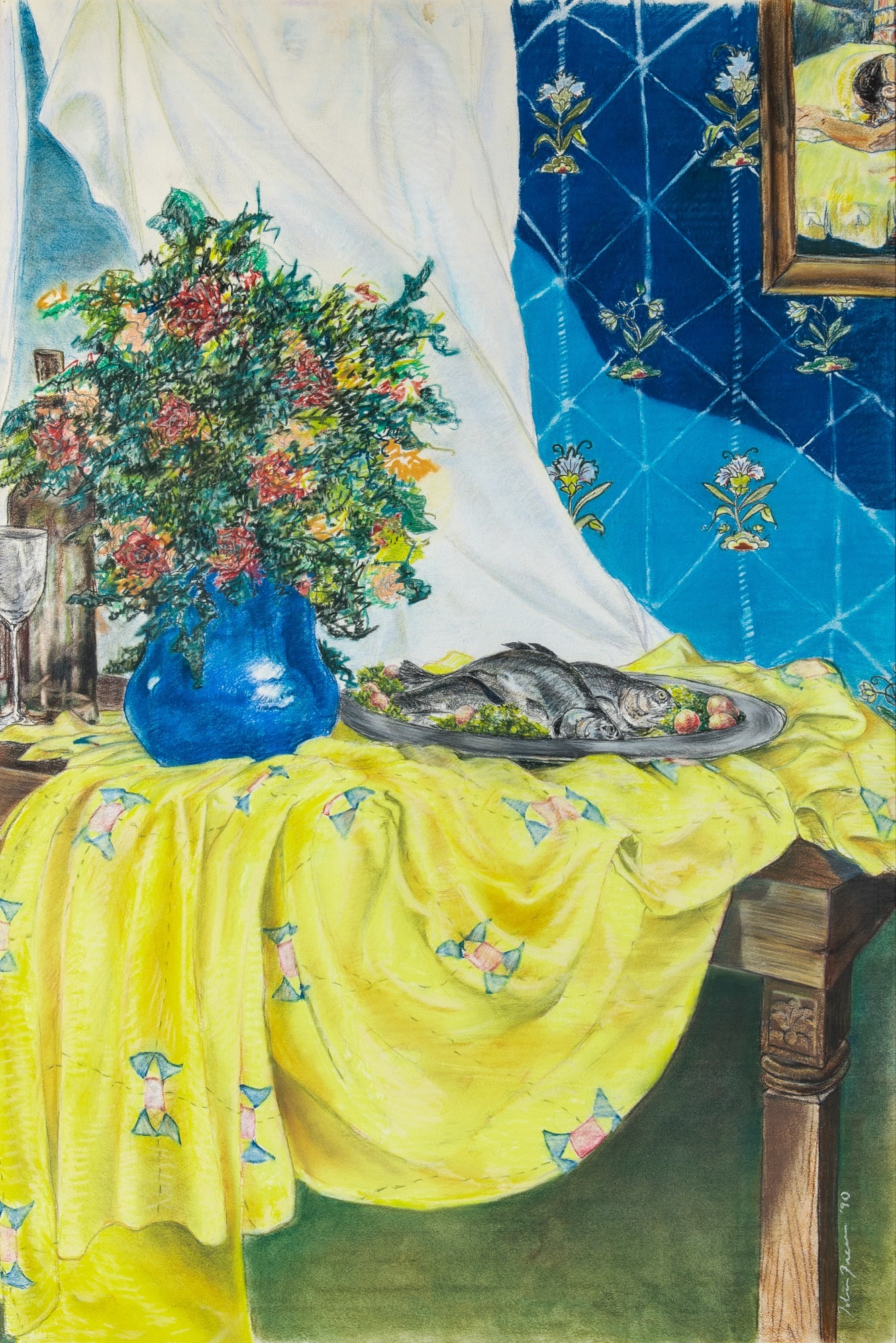 20th Century School: Still Life in a Blue Interior, 1990 Signed indistinctly (lr) Pastel on paper Sight 43 3/4 x 29 1/2 inches (111.1 x 74.9 cm) (Framed 47 1/2 x 33 1/2 inches)