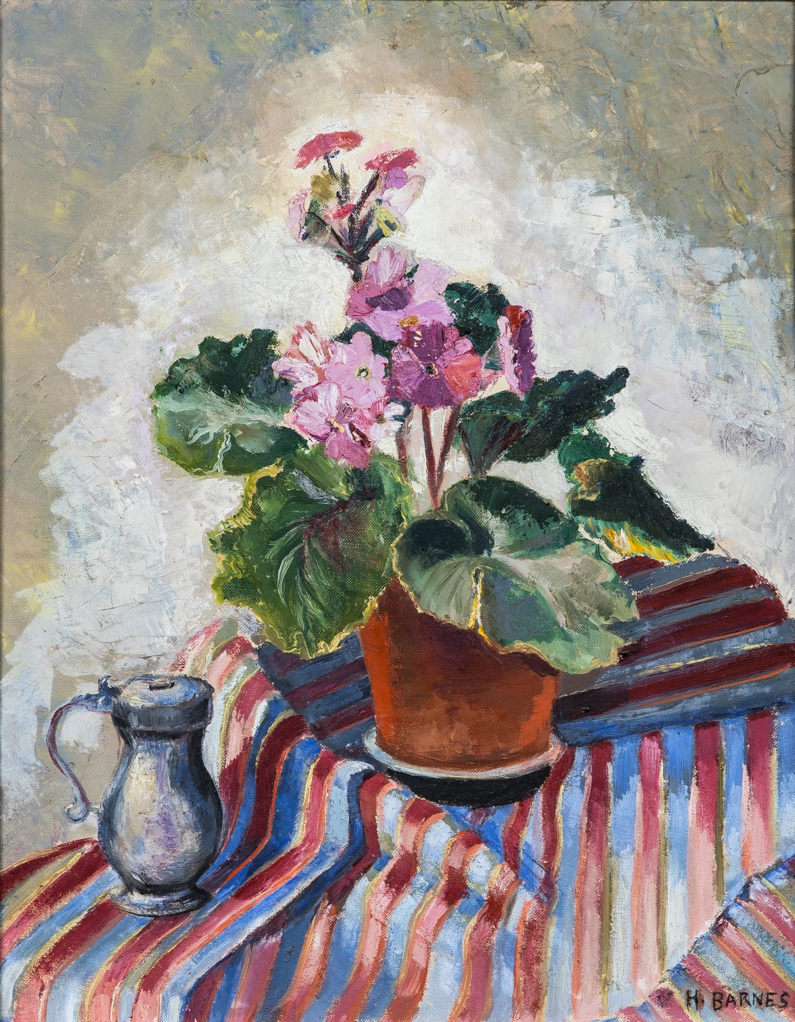Henry Barnes: American, 1940-2014 Still Life with Potted Geranium Signed H. BARNES (lr) Oil on canvasboard 20 x 16 inches (50.8 x 40.6 cm) (Framed 26 3/4 x 22 3/4 inches)