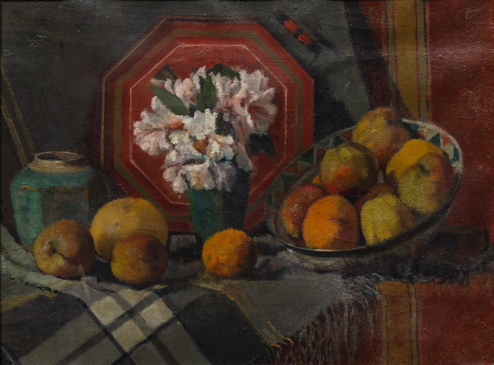 Henry Lee McFee: American, 1886-1953 Still Life with Fruits and Flowers on Blankets Inscribed Henry Lee McFee on the frame and inscribed No IV on the reverse Oil on canvas 19 x 25 inches (48.3 x 63.5 cm) (Fra