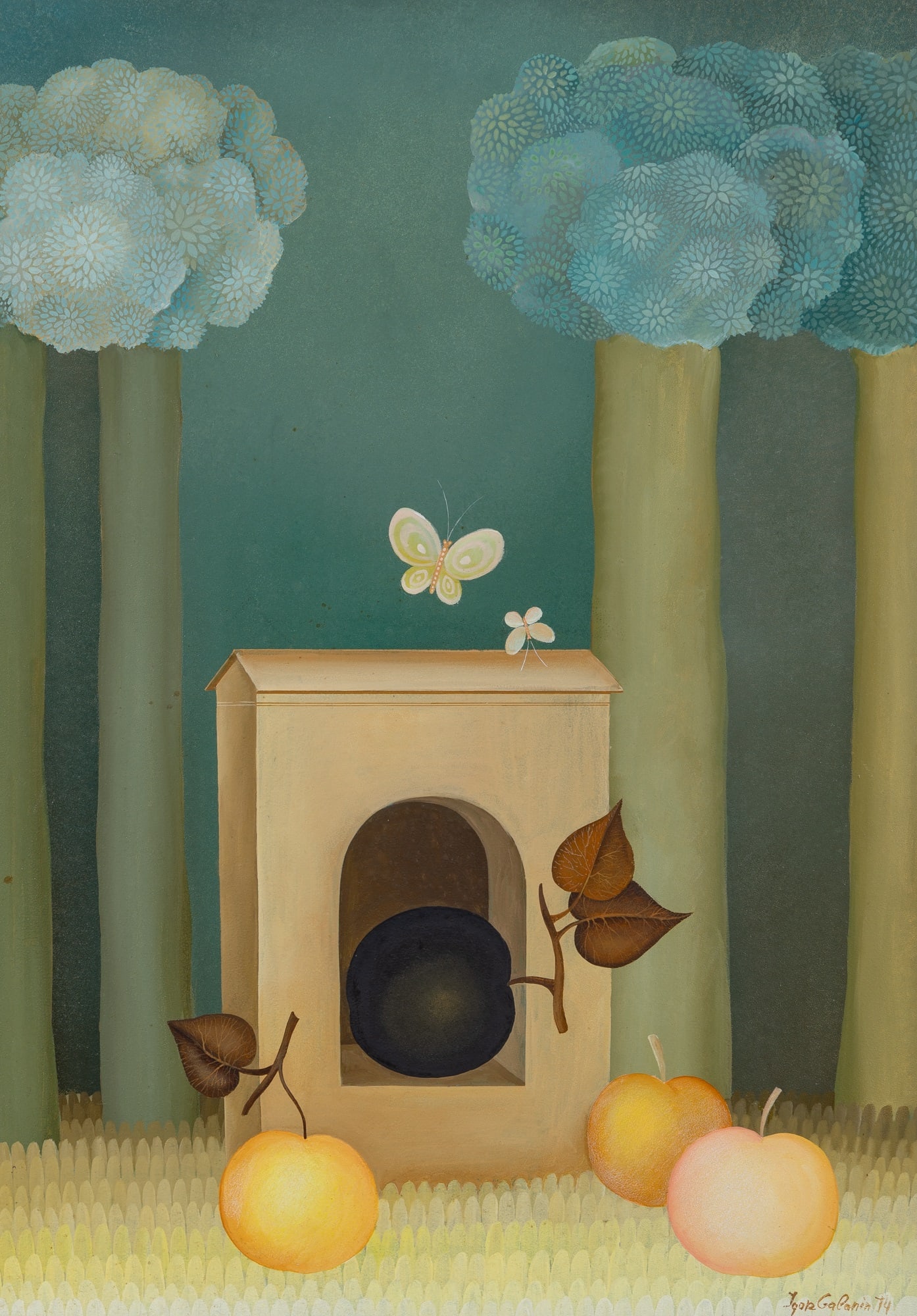 Igor Galanin: Russian/American, b. 1937 Untitled (Fruits and Butterflies), 1974 Signed Igor Galanin and dated 74 (lr) Acrylic on panel 32 x 23 inches (81.3 x 58.4 cm) (Framed 36 1/2 x 27 1/2 inches)