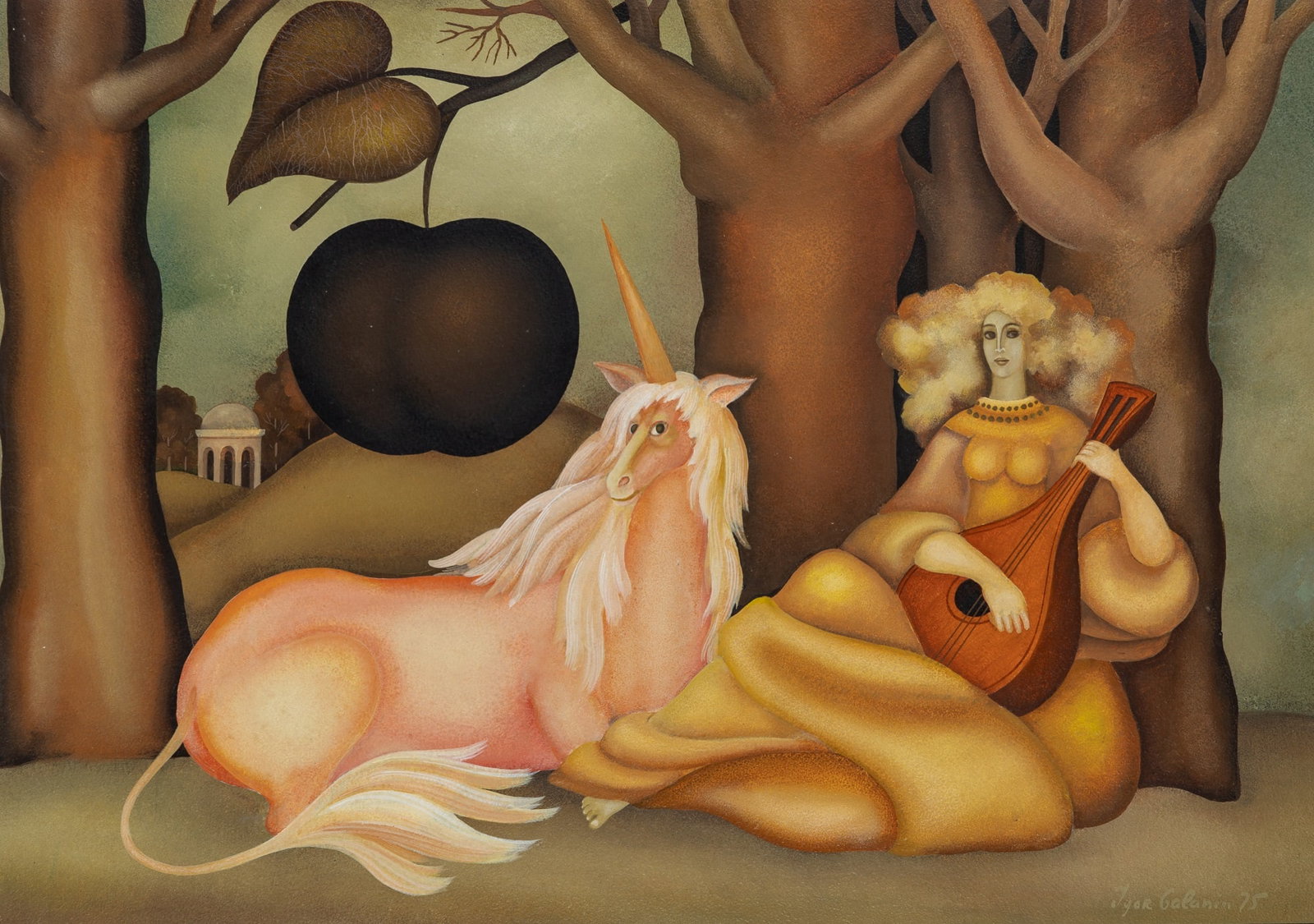 Igor Galanin: Russian, b. 1937 Woman with a Unicorn, 1975 Signed Igor Galanin and dated 75 (lr) On the verso a partially painted crayon study for the same composition Acrylic on panel 23 x 32 inches (58.5 x 81.4