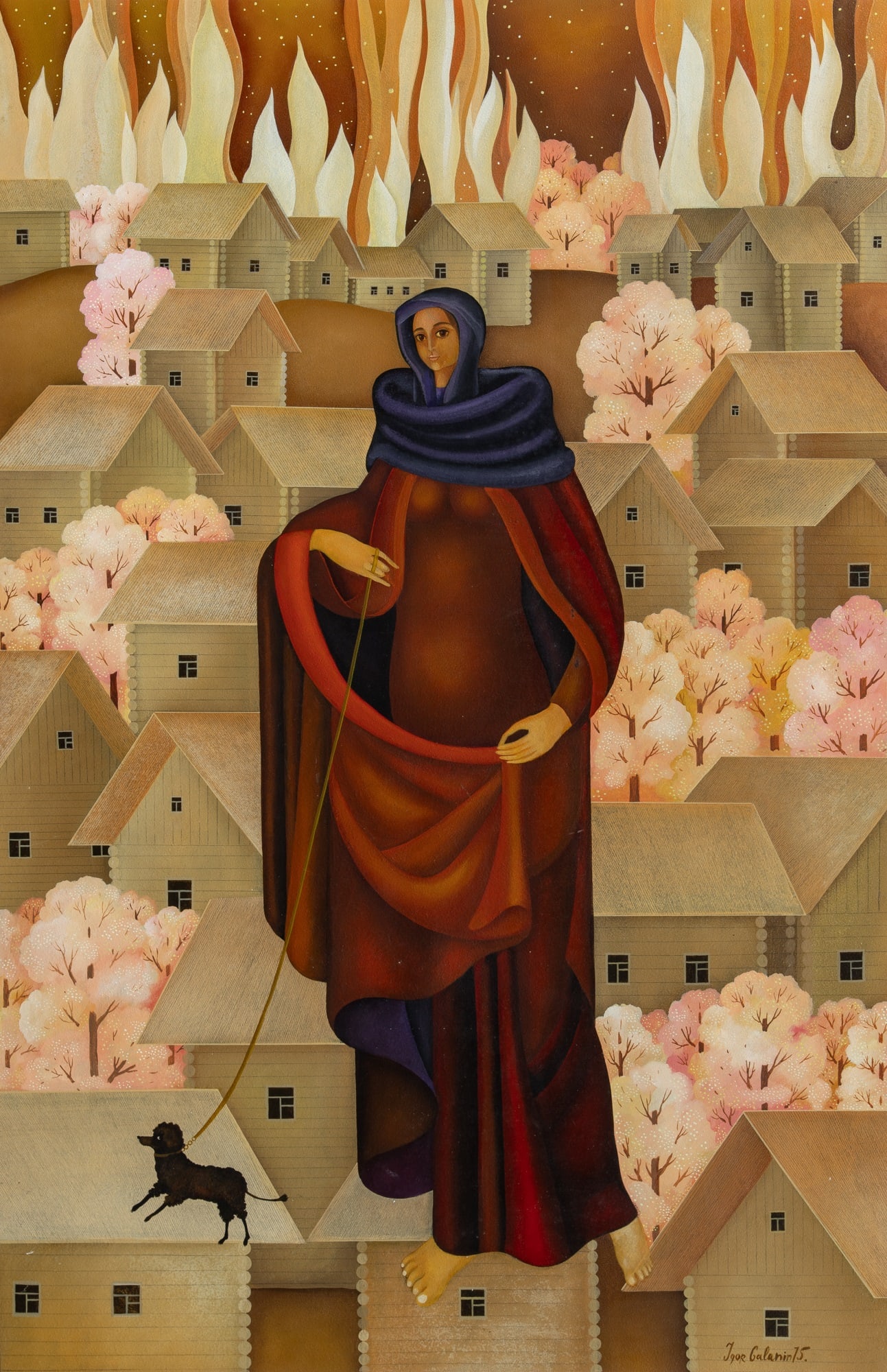 Igor Galanin: Russian/American, b. 1937 Untitled (Woman in an Enflamed Landscape), 1975 Signed Igor Galanin 75 (lr) Acrylic on panel 48 x 32 inches (121.9 x 81.3 cm) Unframed