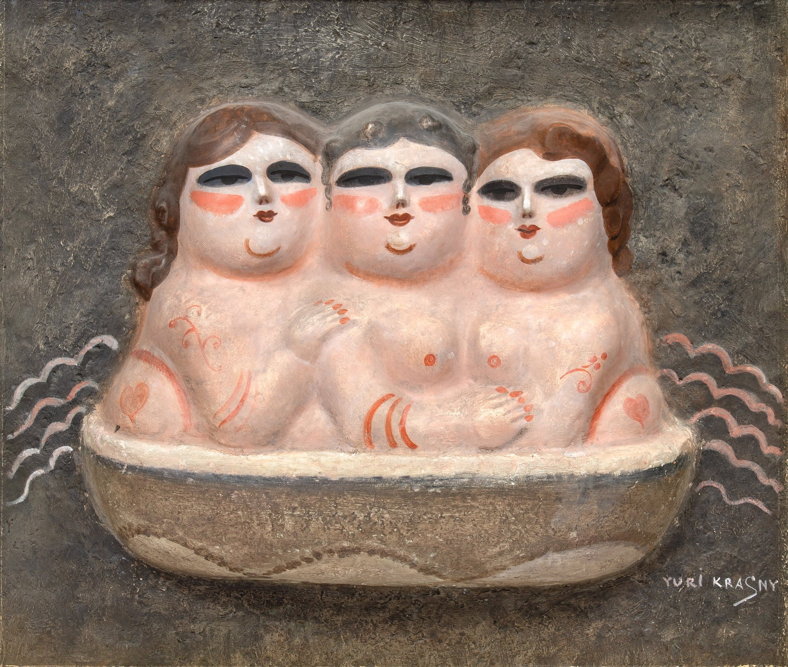 Yuri Krasny: Russian, 1925-2005 Sitting Ladies Signed Yuri Krasny (lr) Painted plaster and paper mach? 27 1/2 x 31 3/4 x 5 1/2 inches (69.8 x 80.6 x 14 cm) Provenance: Eduard Nakhamkin Fine Arts, New York (Framed