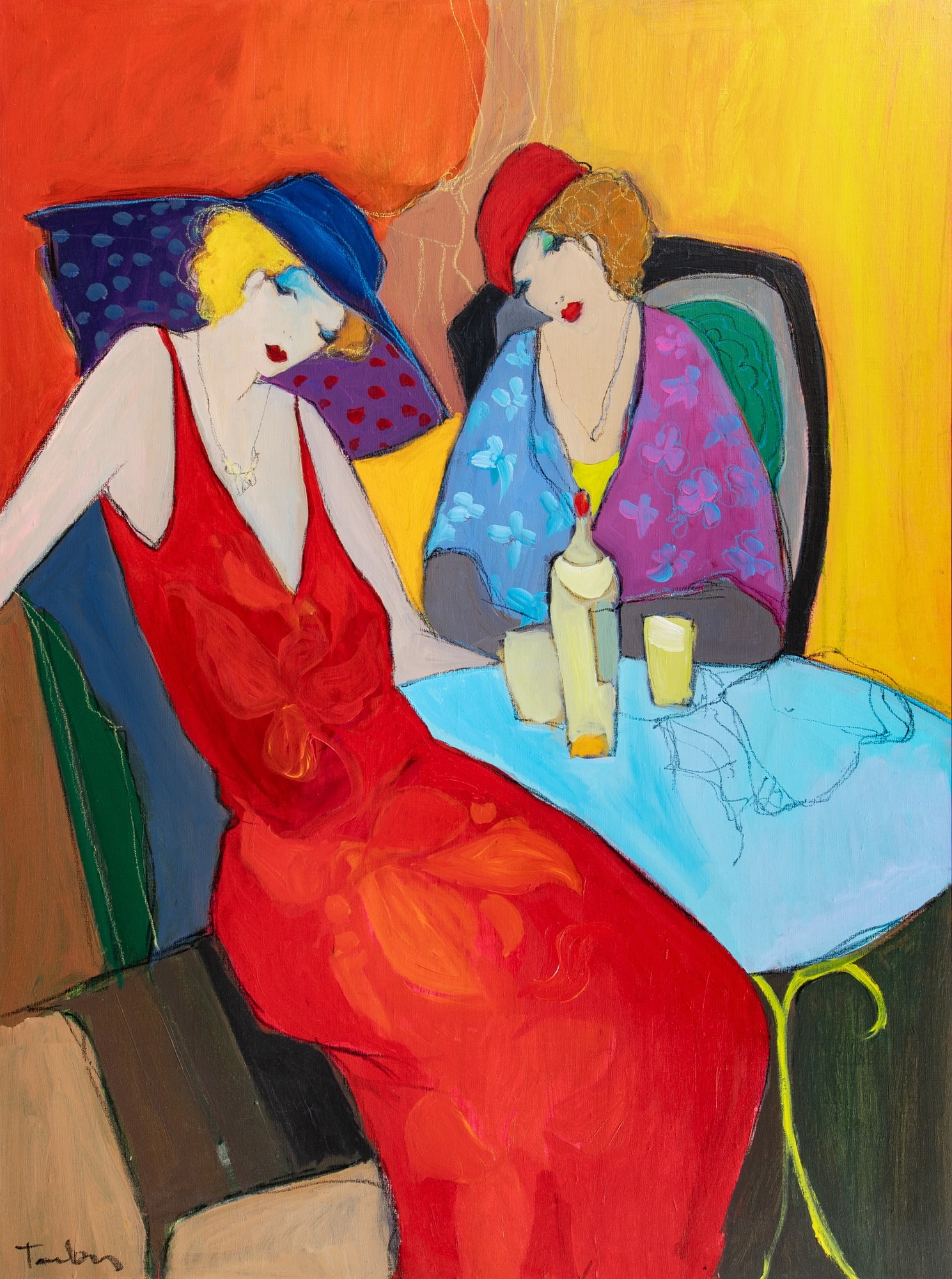 Itzchak Tarkay: Israeli, 1935-2012 Untitled (Two Ladies Lunching) Signed Tarkay (ll) Acrylic on canvas 51 1/4 x 38 1/4 inches (130.2 x 97.2 cm) (Framed 58 1/4 x 45 1/4 inches)