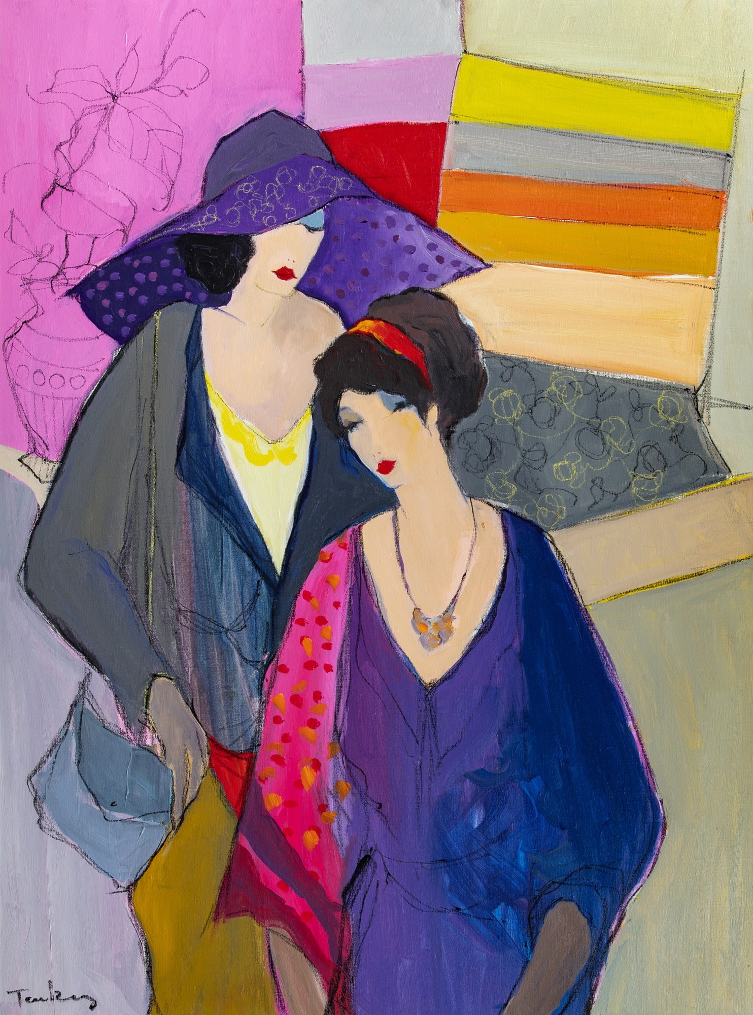 Itzchak Tarkay: Israeli, 1935-2012 Untitled (Two Ladies Shopping) Signed Tarkay (ll) Acrylic on canvas 51 1/4 x 38 1/4 inches (130.2 x 97.2 cm) (Framed 56 1/2 x 44 inches)