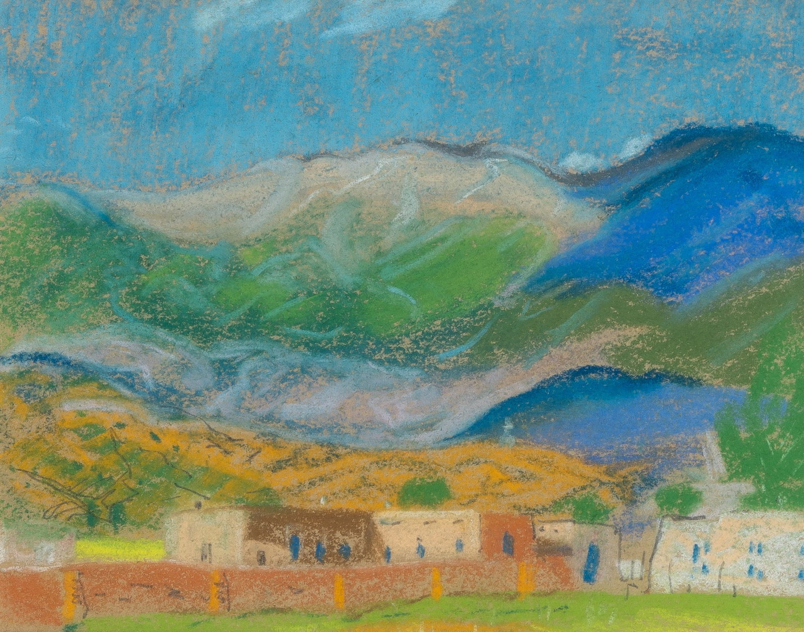 Albert Henry Krehbiel: American, 1873-1945 Mountains and Houses Pastel and graphite on paper Sight 8 1/4 x 10 inches (21 x 25.4 cm) Together with: Study for Mountains and Houses Stamped with Krehbiel Corporate Seal and