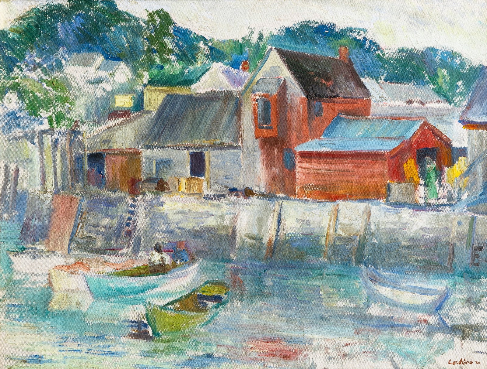 Jon Corbino: American, 1905-1964 Rowboats in Rockport Harbor, 1930 Signed and dated Corbino 30 (lr) Oil on canvas 16 x 20 1/2 inches (40.6 x 52.1 cm) Provenance: The Marbella Gallery, New York, 1997 (Framed 23 x
