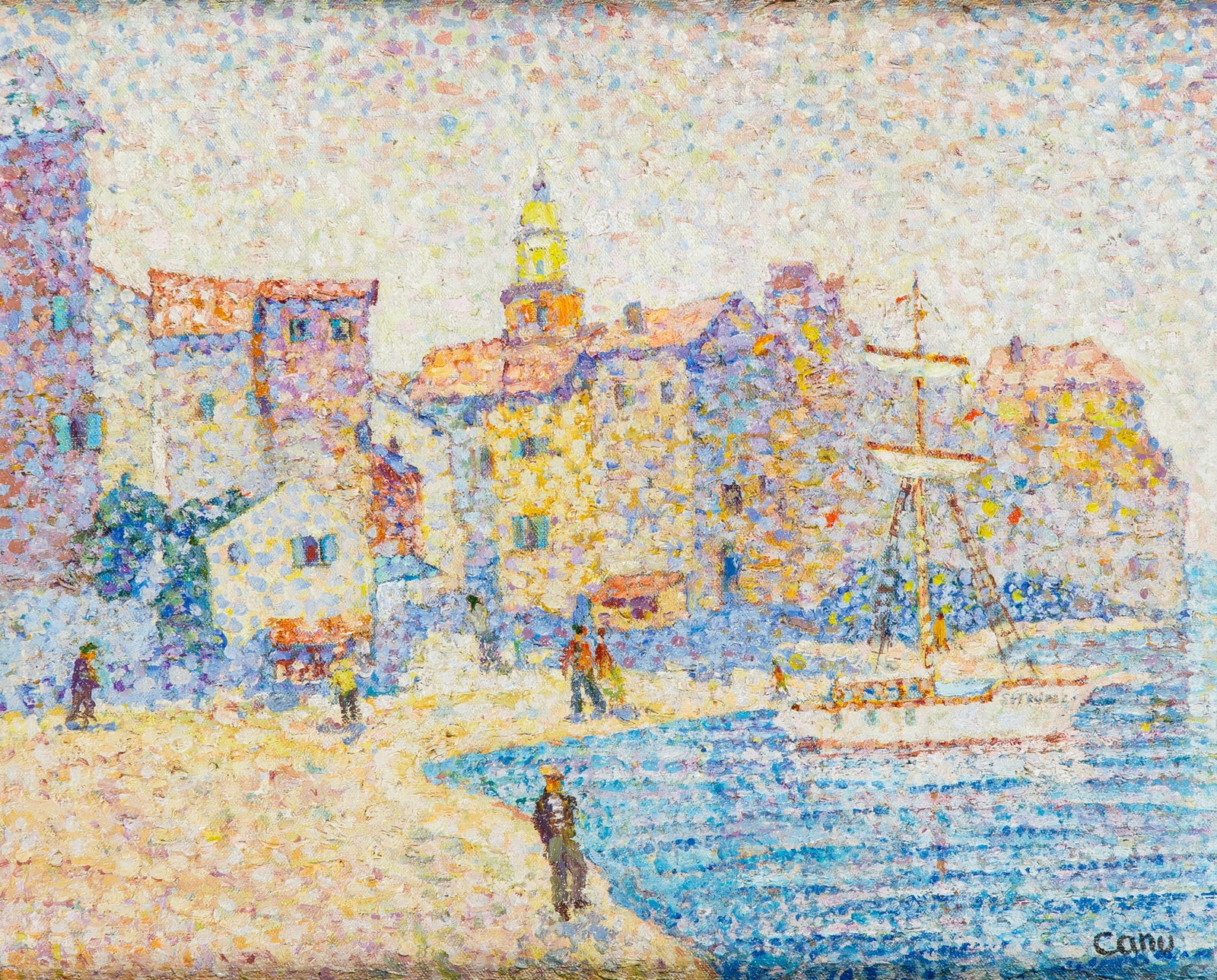 Yvonne Canu: French, 1921-2007 St. Tropez, la ponche Signed Canu (lr); further signed Y. Canu and inscribed as titled on the reverse Oil on canvas 14 1/2 x 17 3/4 inches (36.8 x 45.1 cm) (Framed 16 x 19 inches)