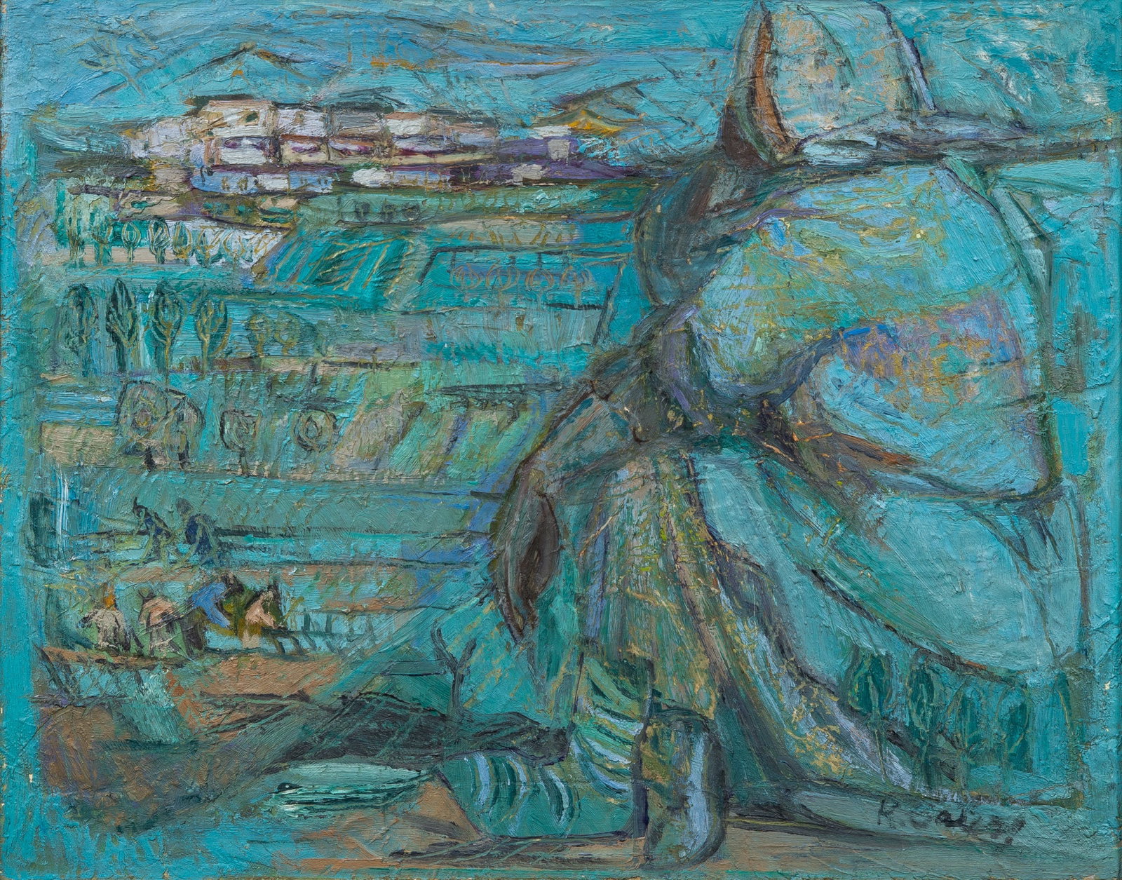 Kristin Saleri: Turkish, 1915?2006 A Villager by her Field Signed K. Saleri (lr) Oil on canvas 14 1/2 x 18 1/2 inches (37 x 47 cm) Frame 19 1/2 x 23 3/4 inches