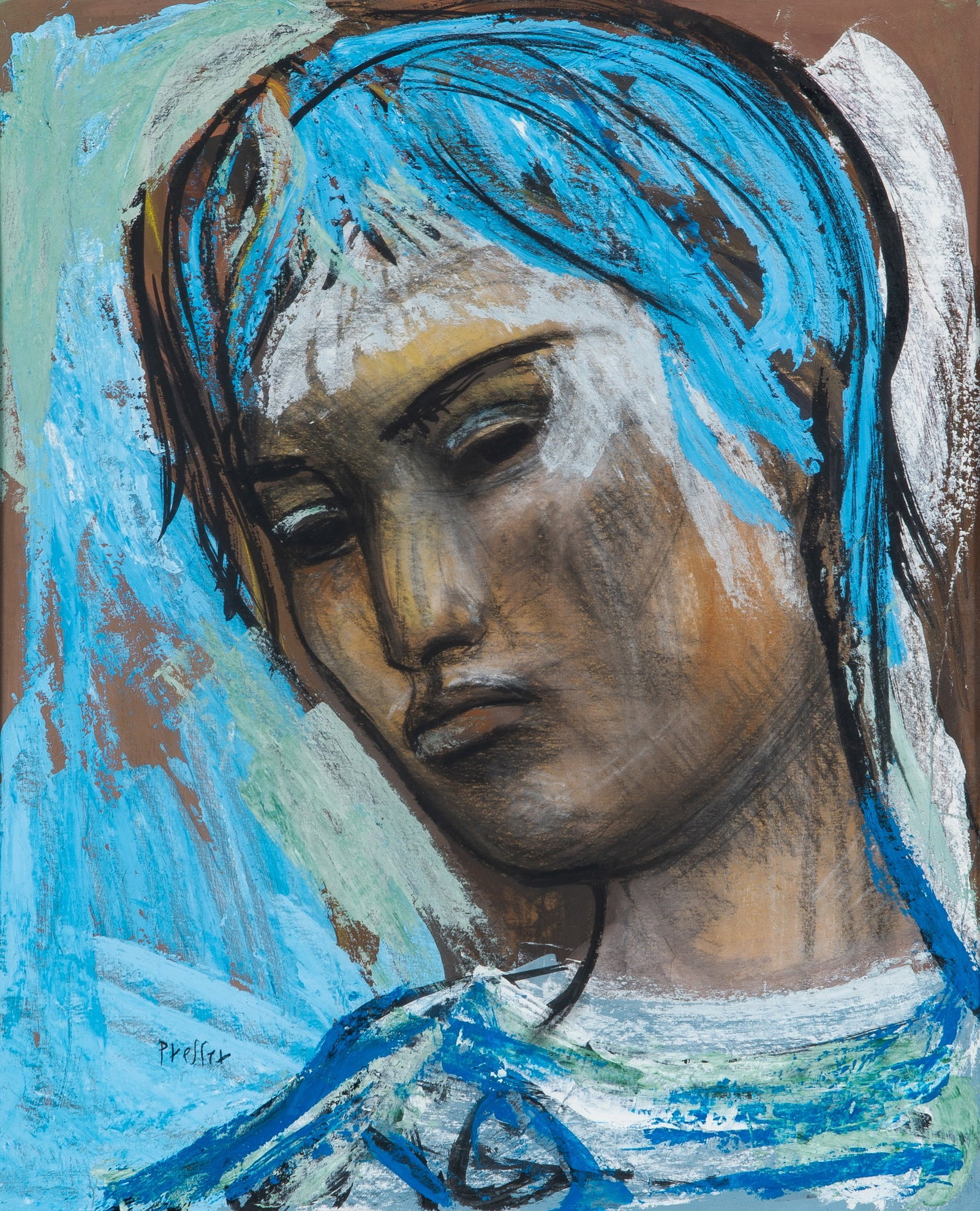 Josef Presser: Polish/American, 1909-1967 Portrait in Blue Signed Presser (ll) Mixed media with oil, charcoal, ink, and pastel on paper Sight 17 1/2 x 14 1/4 inches (44.5 x 36.2 cm) (Framed 23 3/4 x 19 1/4 inches)