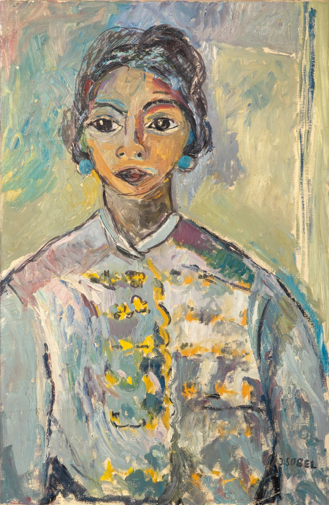 Jehudith Sobel: Polish, 1924-2012 Portrait of a Lady Signed J. SOBEL (lr) Oil on canvas 30 x 19 1/2 inches (76.2 x 49.5 cm) Unframed