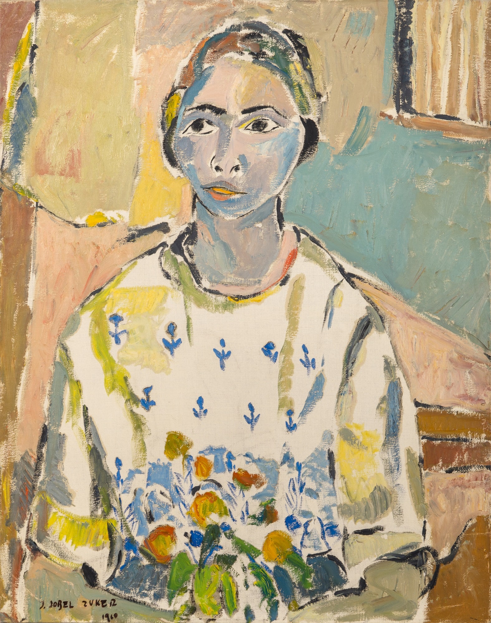 Jehudith Sobel: Polish, 1924-2012 Portrait of a Woman, 1960 Signed and dated J Sobel Zuker 1960 (ll); inscribed on the reverse J Sobel Zuker 1960/40 Oil on canvas 23 x 29 inches (58.4 x 73.6 cm) Unframed