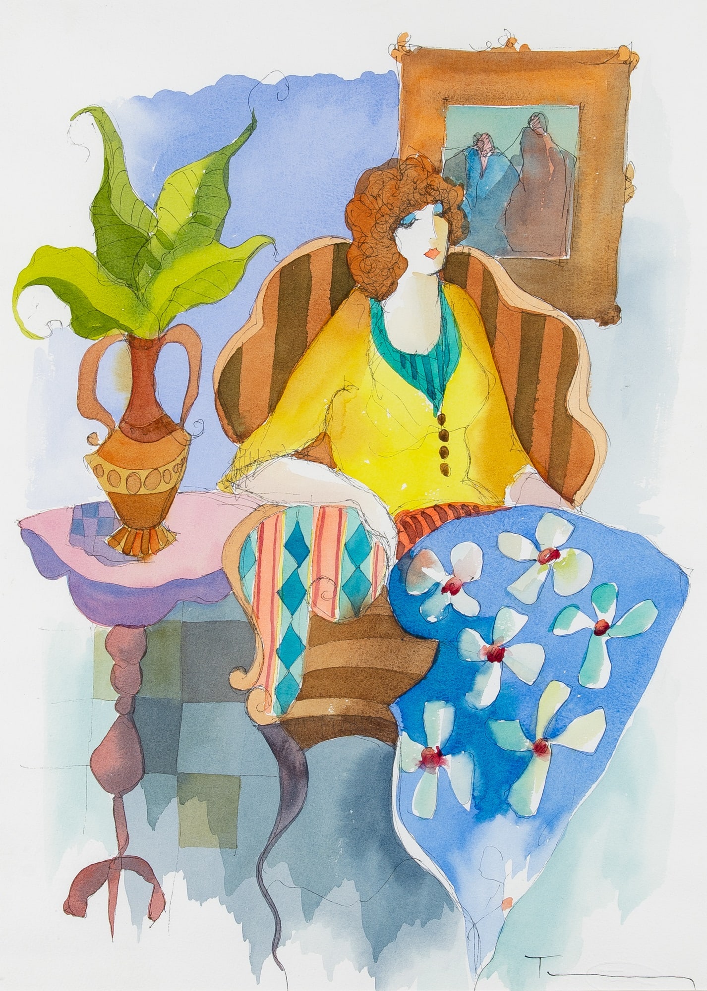 Itzchak Tarkay: Israeli, 1935-2012 Forever Waiting Signed Tarkay (lr) Watercolor on paper Sight 21 x 15 inches (53.3 x 38.1 cm) (Framed 36 1/2 x 30 1/2 inches)