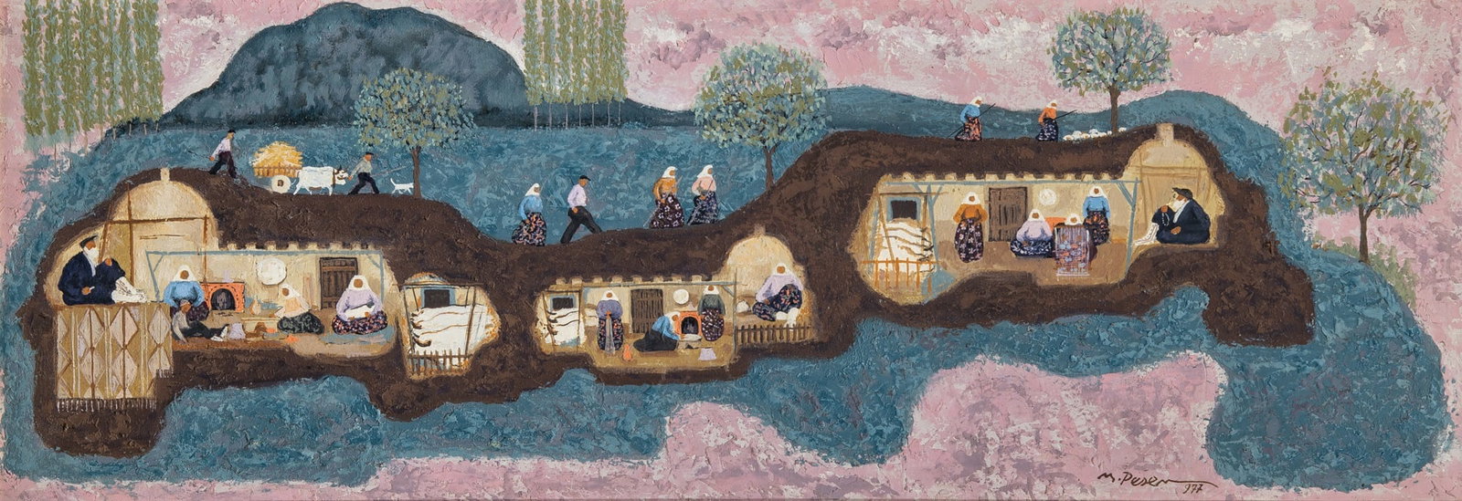 Mehmet Pesen: Turkish, 1923-2012 Untitled (Underground City and a Pastoral Landscape), 1977 Signed M. Pesen and dated 977 (lr); further signed on the reverse Oil on canvas 9 7/8 x 27 1/2 inches (25.1 x 70 cm) <