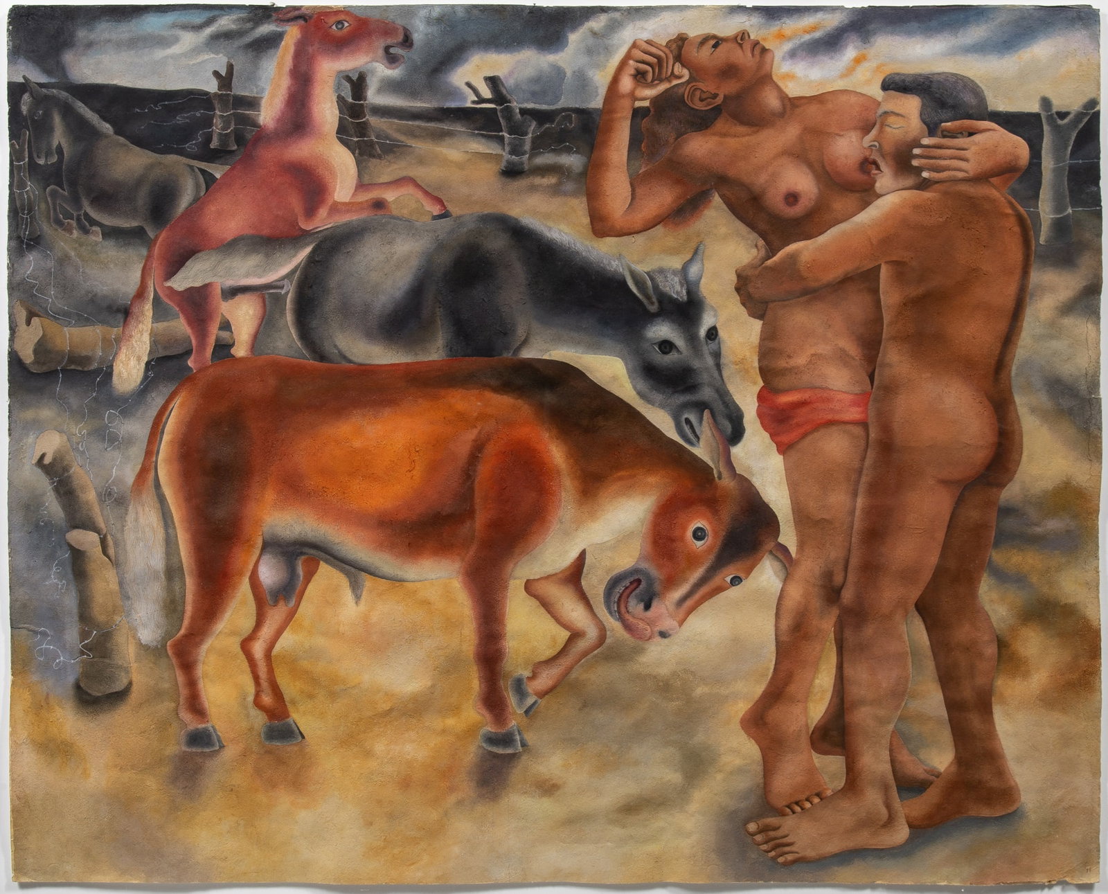 Filemon Santiago: Mexican, b. 1958 Alebrestados, 1997 Gouache on paper 37 3/4 x 47 inches (95.9 x 119.4 cm) Provenance: Galer?a Quetzalli, Oaxaca (Framed 42 1/2 x 52 inches)