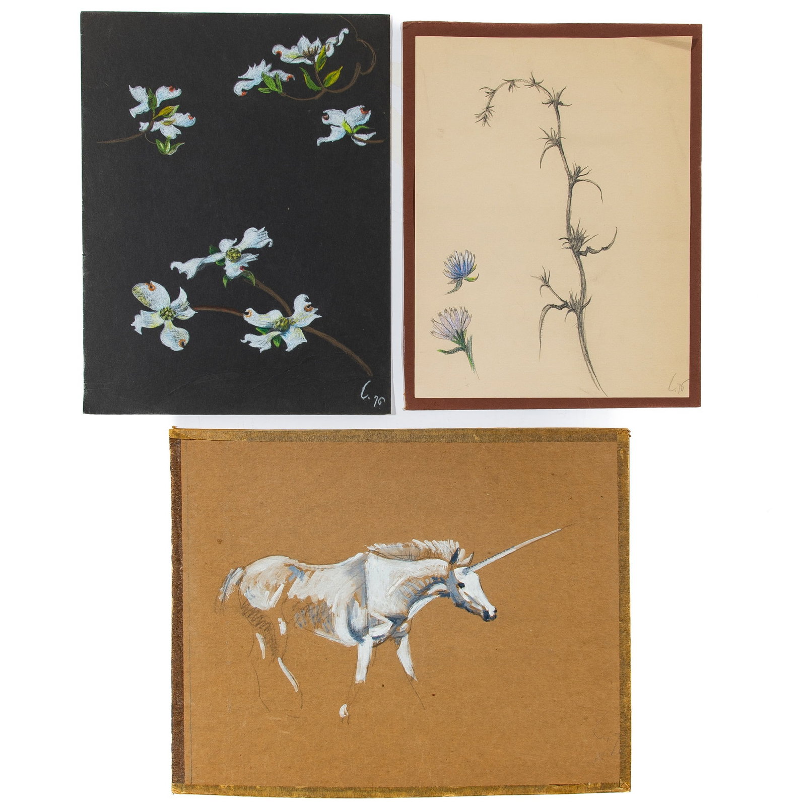 Leonid Berman: Russian, 1896-1976 Studies of Flowers and a Unicorn: three works, one double-sided Each signed L and dated 1976 Comprising a floral study in pastel and graphite on black card, a floral study in color