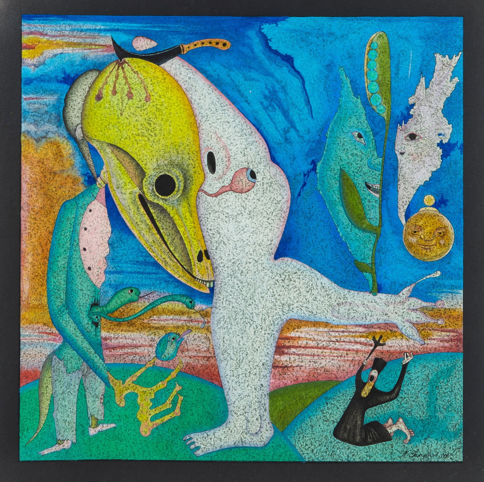 Mihail Chemiakin: Russian, b. 1943 Untitled (Figures Against a Blue and Green Landscape), 1981 Signed and dated M. Chemiakin 1981 (lr) Mixed media with gouache and pen on paper 13 x 13 inches (33 x 33 cm) (Framed 16
