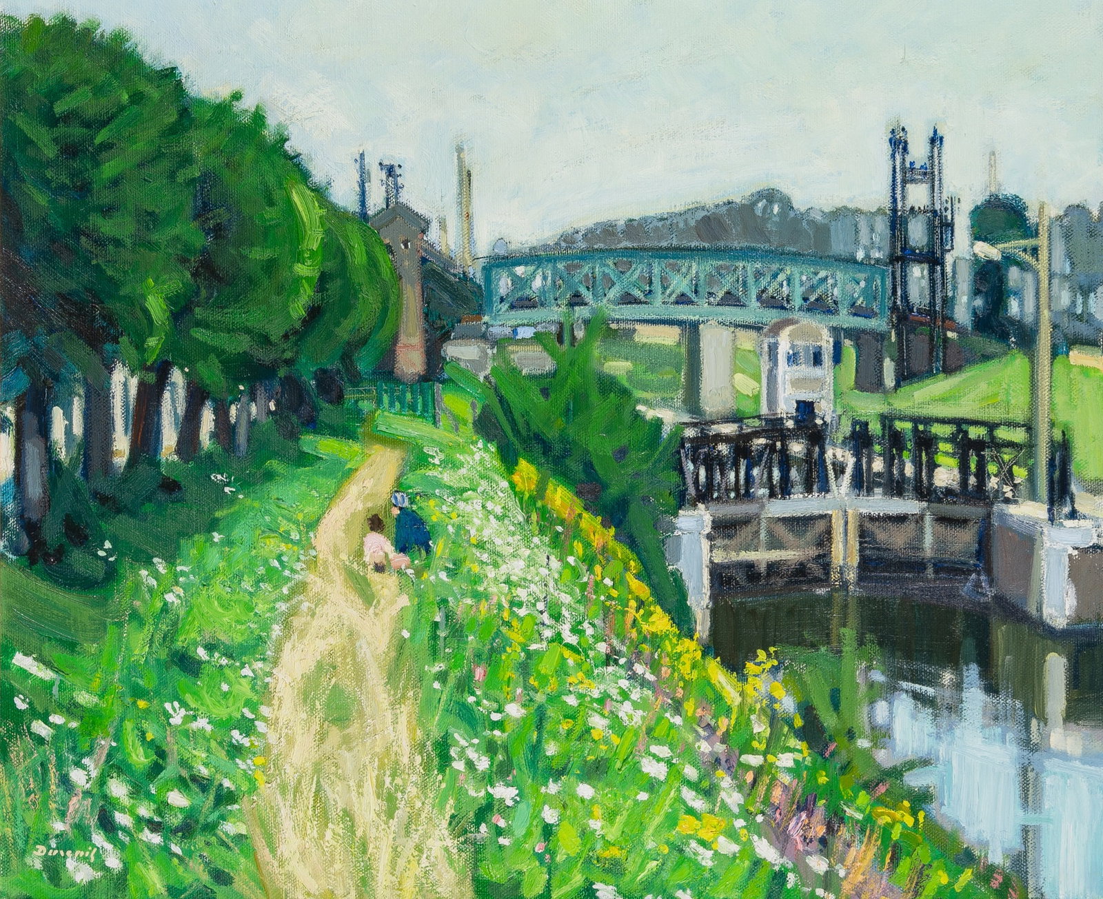 Michel Dureuil: French, 1929-2011 Figures on a Path by a Canal Signed Dureuil (ll) Oil on canvas 21 x 25 1/2 inches (53.3 x 64.8 cm) Provenance: Wally F. Galleries, New York (Framed 31 3/4 x 36 inches)