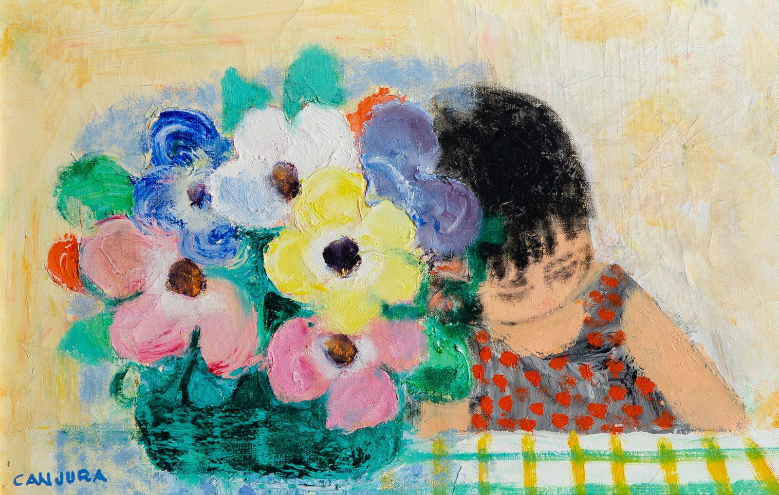 Noe Canjura: Salvadoran, 1922-1970 Girl with a Basket of Flowers Signed Canjura (ll) Oil on canvas 11 x 16 3/4 inches (28 x 42.5 cm) Frame 18 1/2 x 23 3/4 inches Provenance: Wally F Galleries, New York