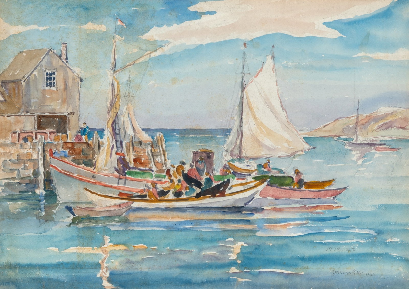 Reynolds Beal: American, 1866-1951 Boats Near a Dock, 1922 Signed REYNOLDS BEAL and dated 1922 twice (lr) Watercolor over pencil on paper Sight 15 x 21 inches (38.1 x 53.3 cm) This work is double-sided, the